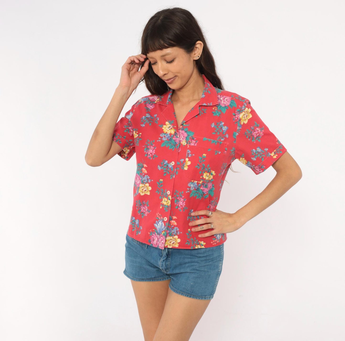 90s Bentley Arbuckle Floral Button-Up Camp Shirt Red Cotton Small