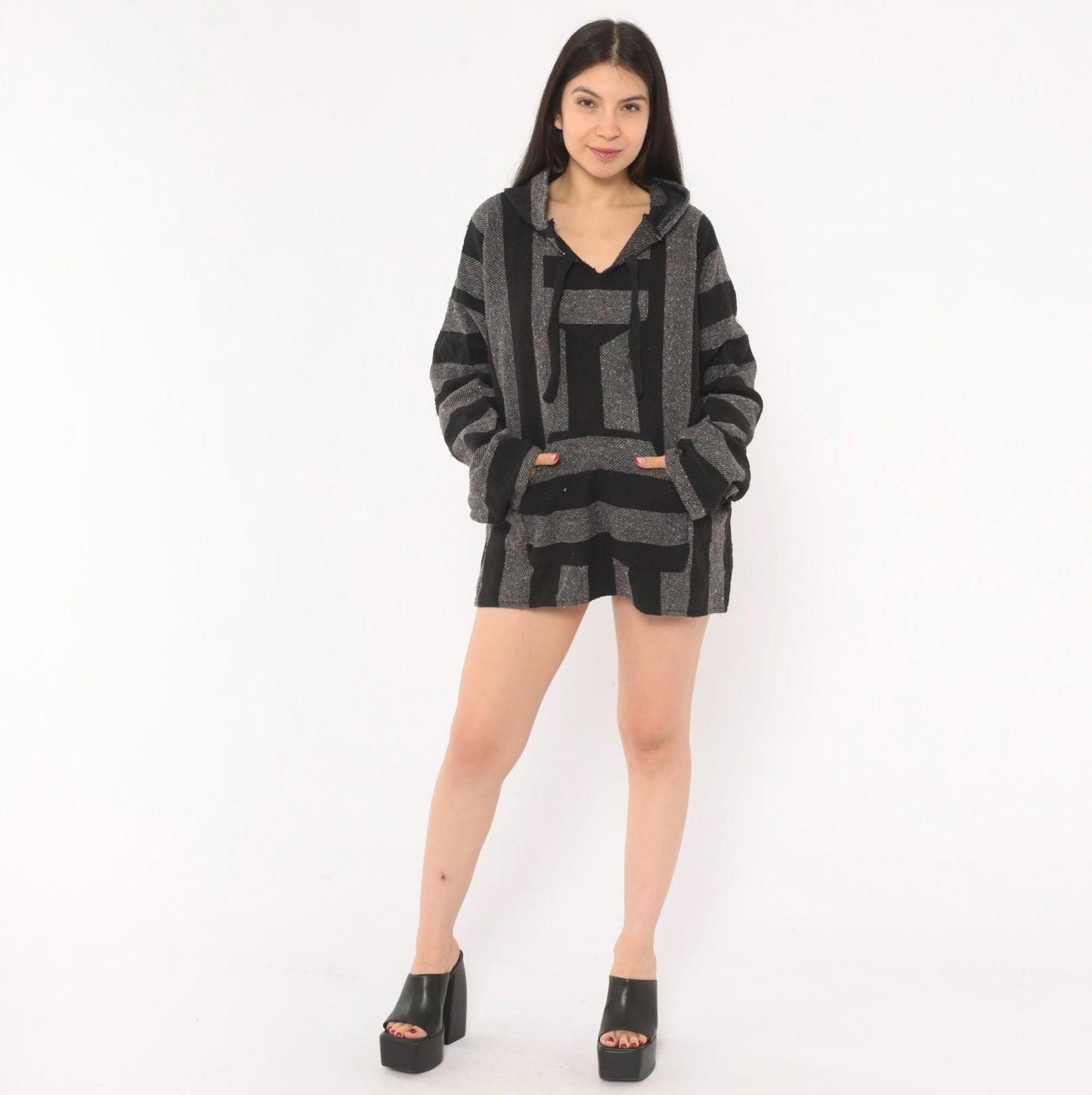 90s Baja Hoodie Black Grey Striped Woven Blanket Pullover Unisex Extra Large
