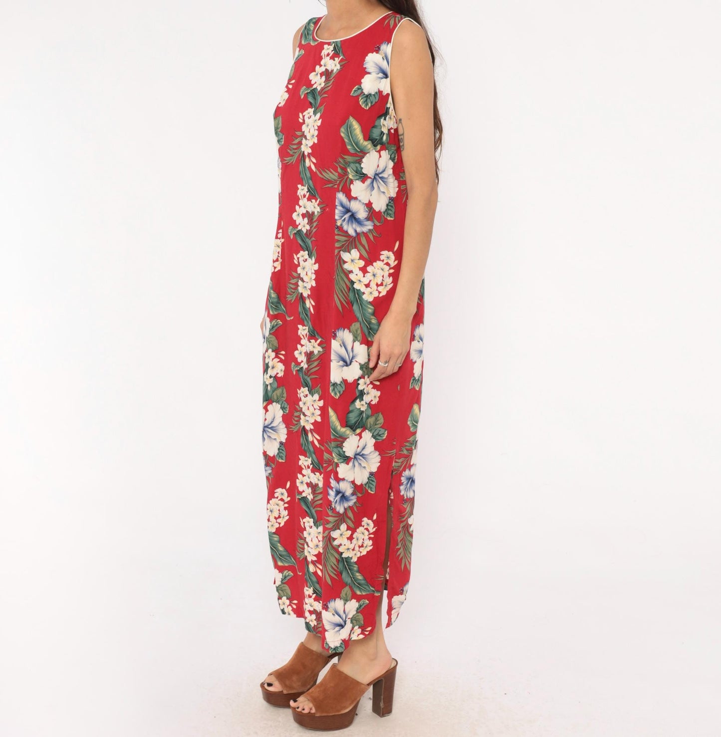 90s Iolani Hawaiian Maxi Dress Red Tropical Floral Sleeveless Large L