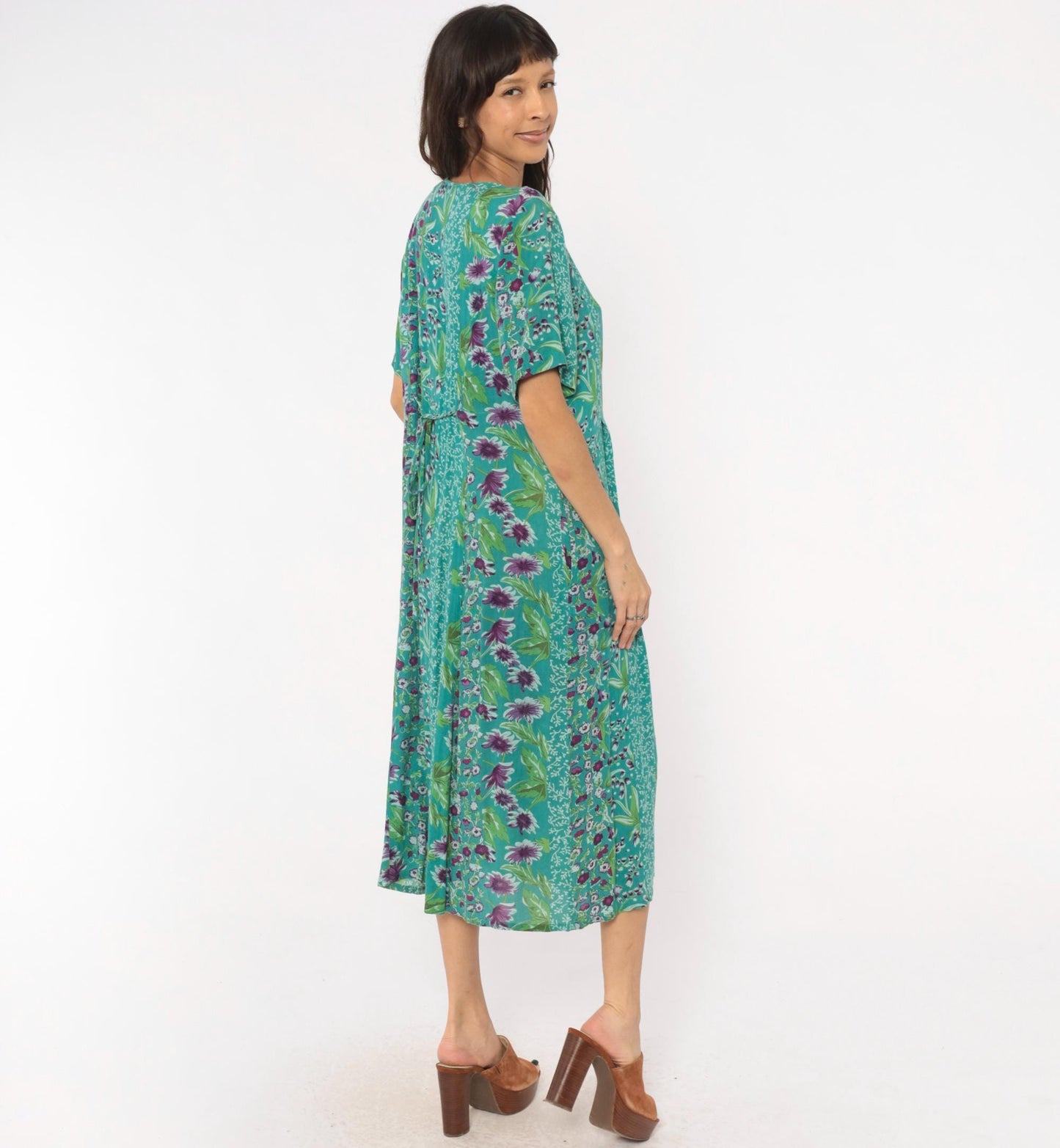 90s La Cera Floral Button Front Midi Dress Teal Purple Pockets Medium M