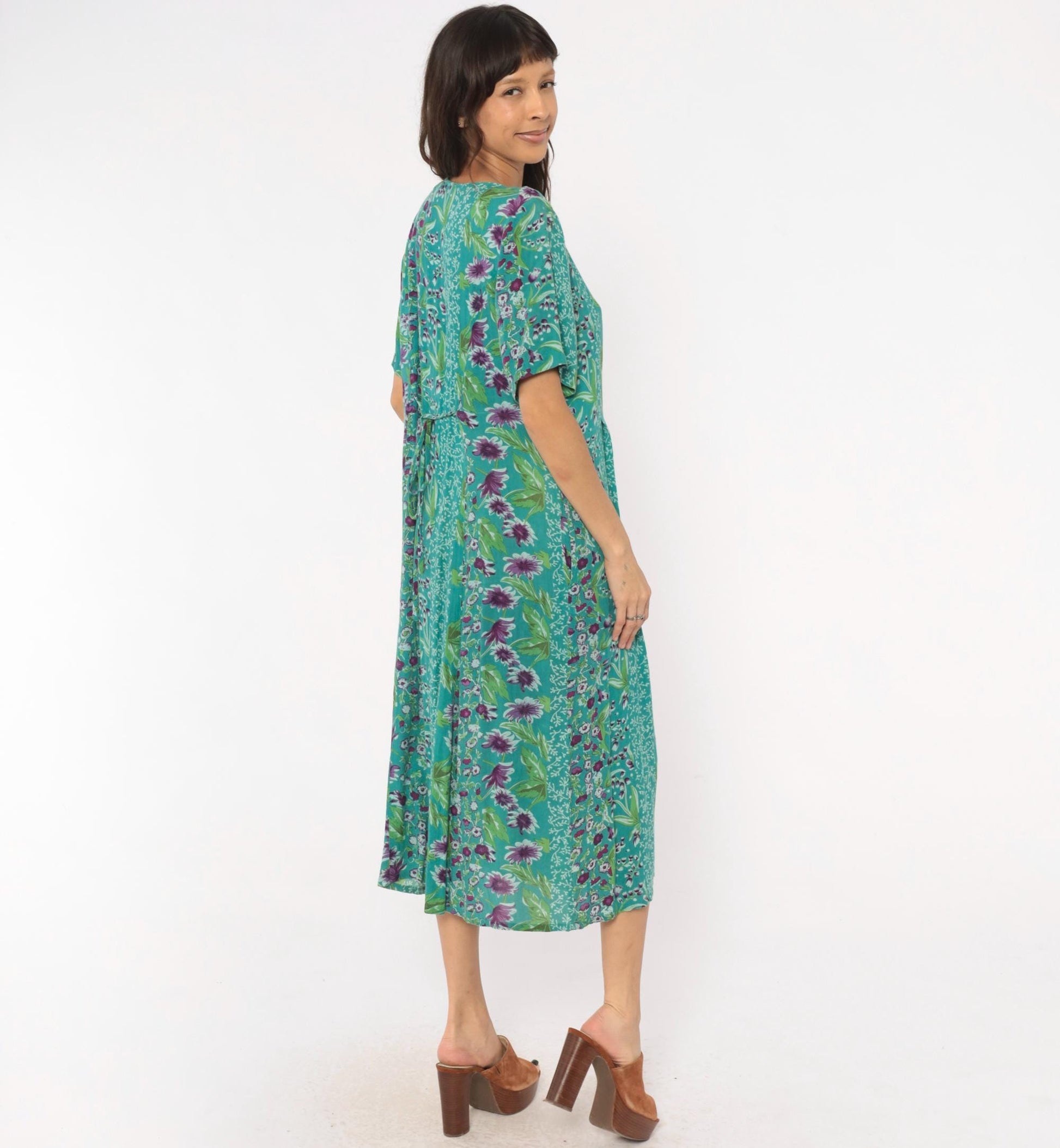 90s La Cera Floral Button Front Midi Dress Teal Purple Pockets Medium M