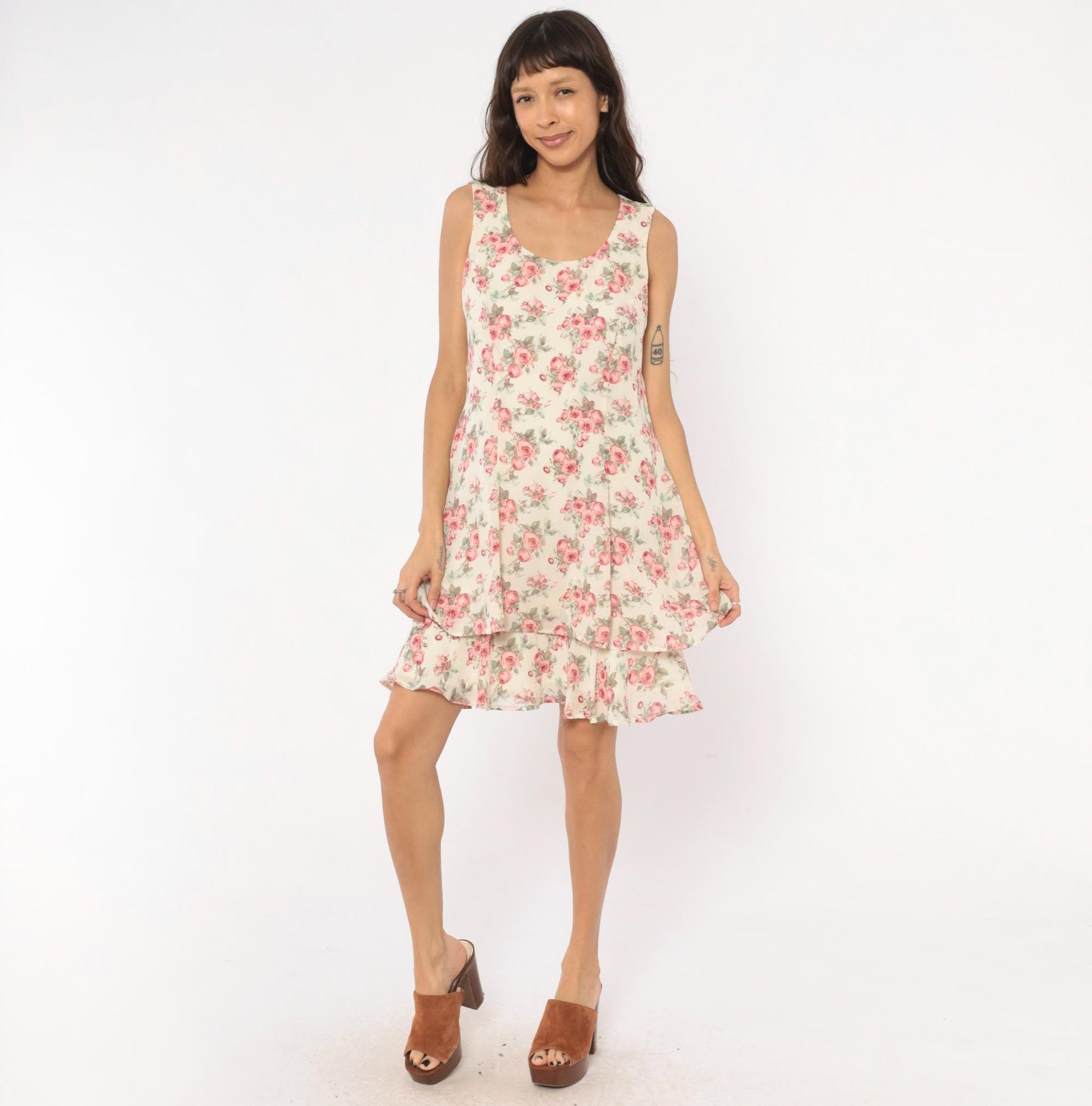 90s All That Jazz Rose Floral Sundress Cream Pink Scoop Neck Medium M