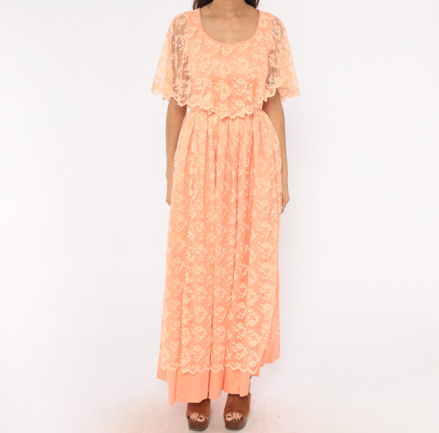 70s Peach Lace Maxi Dress Flutter Cape Sleeve Floral Overlay Small