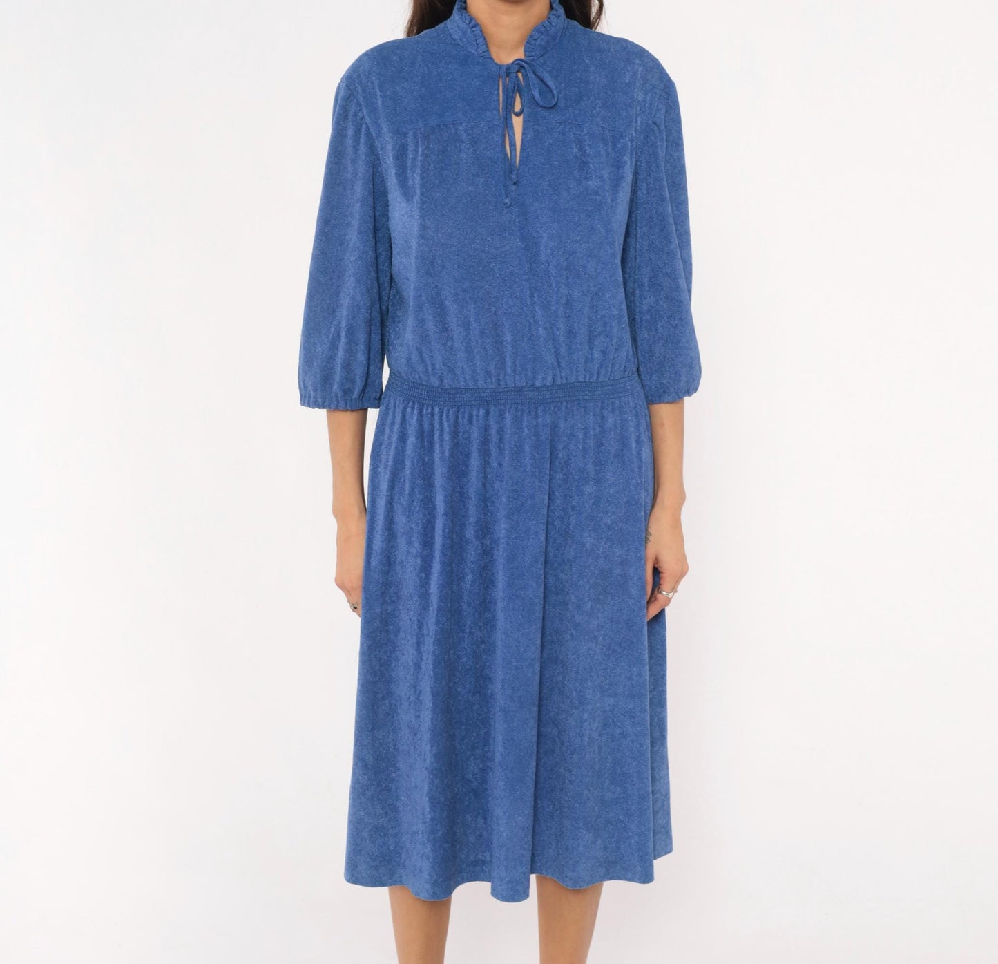 1970s Cobalt Terry Cloth Dress Tie Neck Puff Sleeve Flared Midi Large L