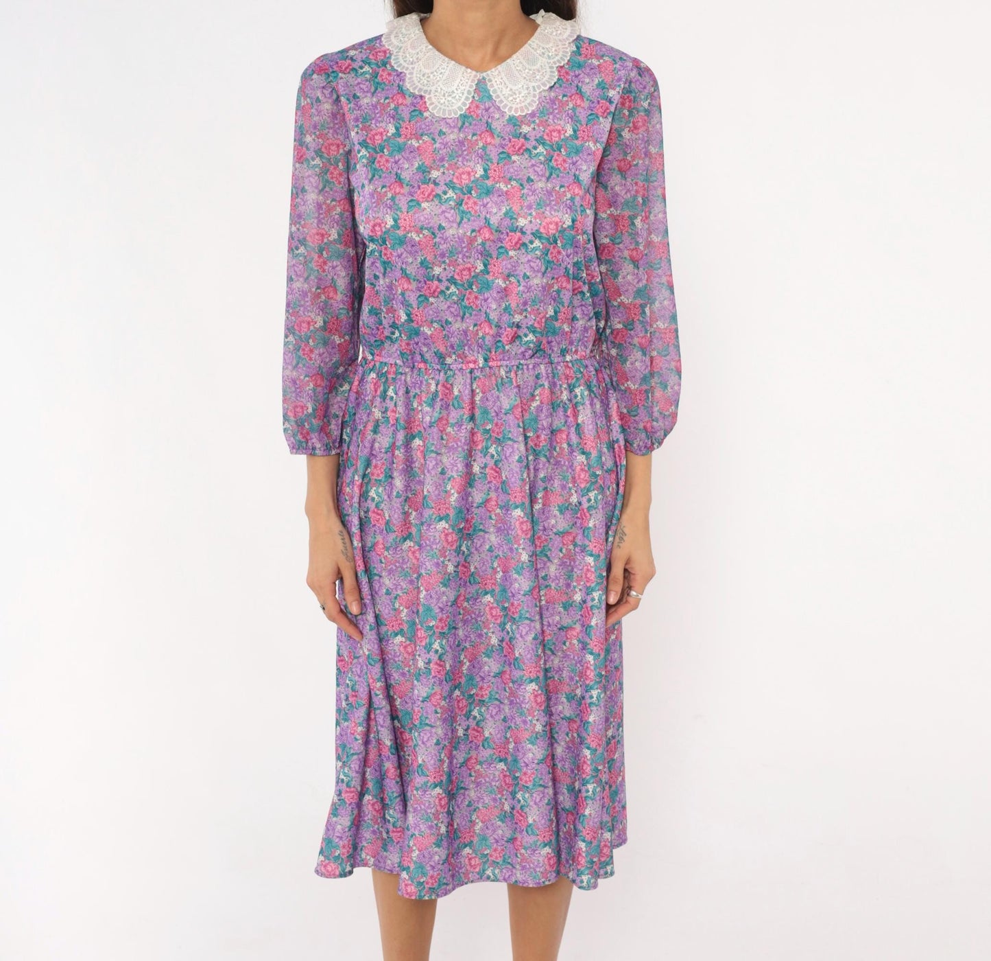 80s M.C.S.Ltd. Floral Midi Dress Puff Sleeve Peter Pan Collar Purple Large L