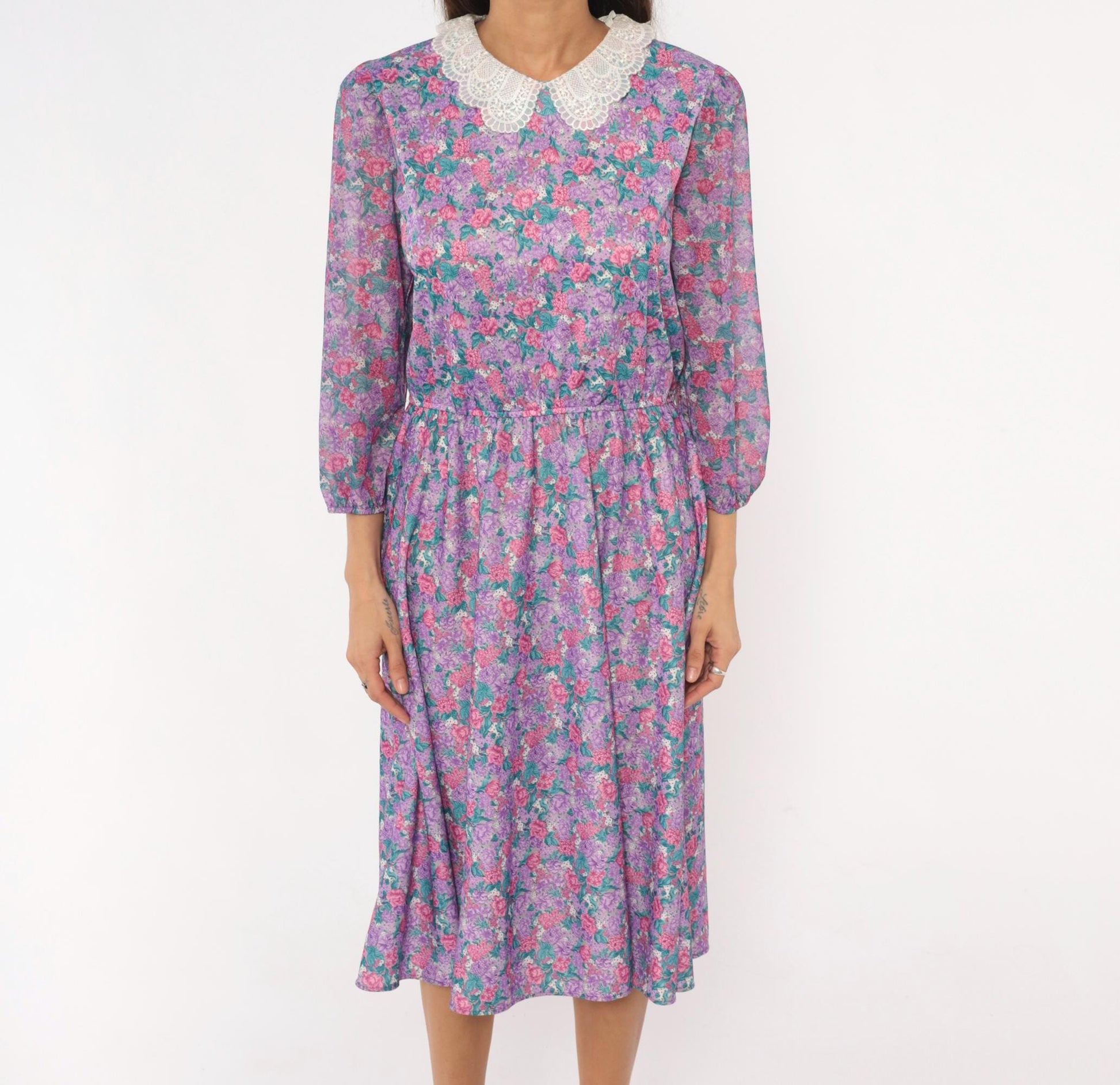 80s M.C.S.Ltd. Floral Midi Dress Puff Sleeve Peter Pan Collar Purple Large L