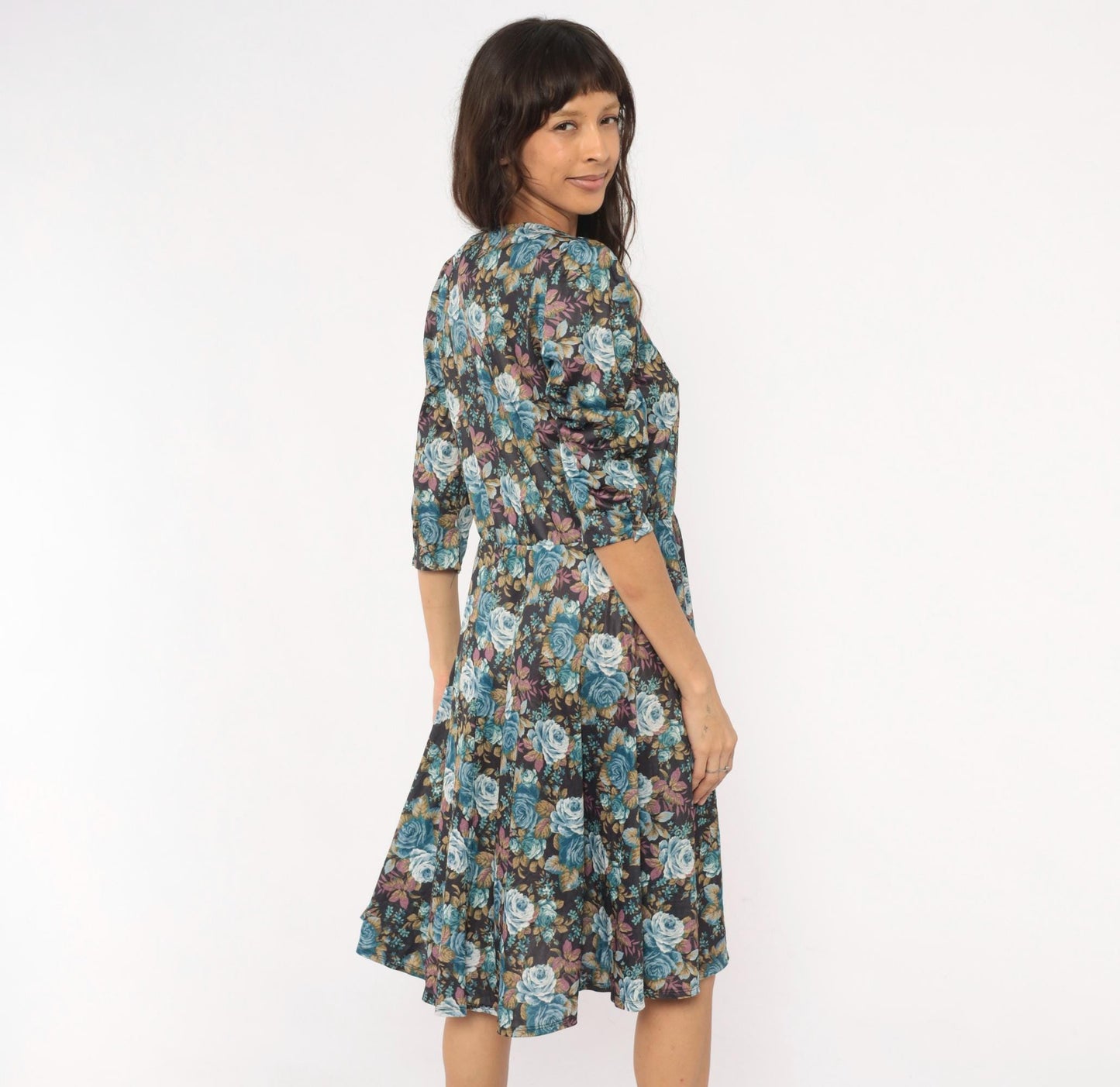 80s Rose Floral Button-Front Dress Blue Sweetheart Puff Sleeve Midi Large L