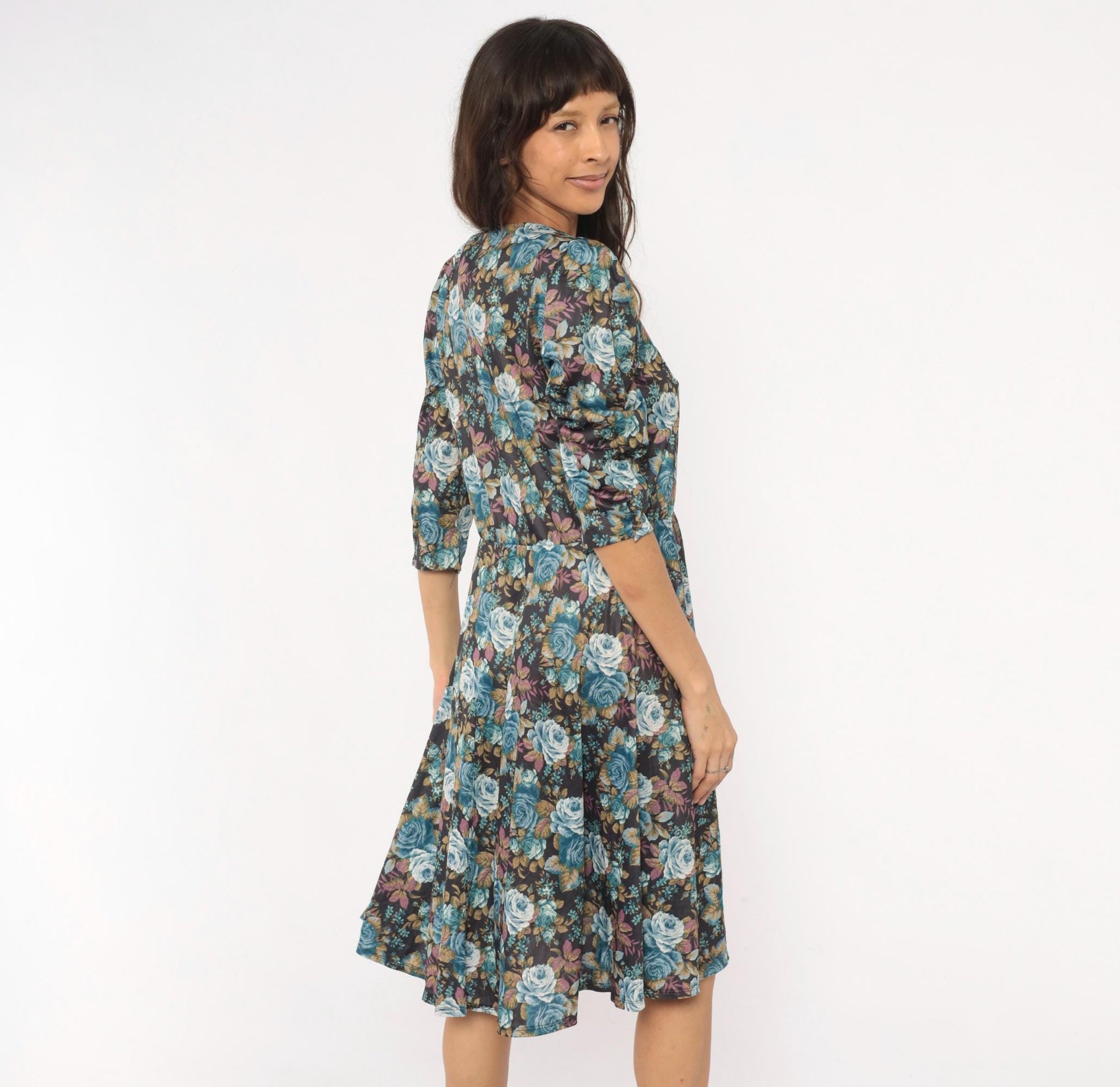 80s Rose Floral Button-Front Dress Blue Sweetheart Puff Sleeve Midi Large L