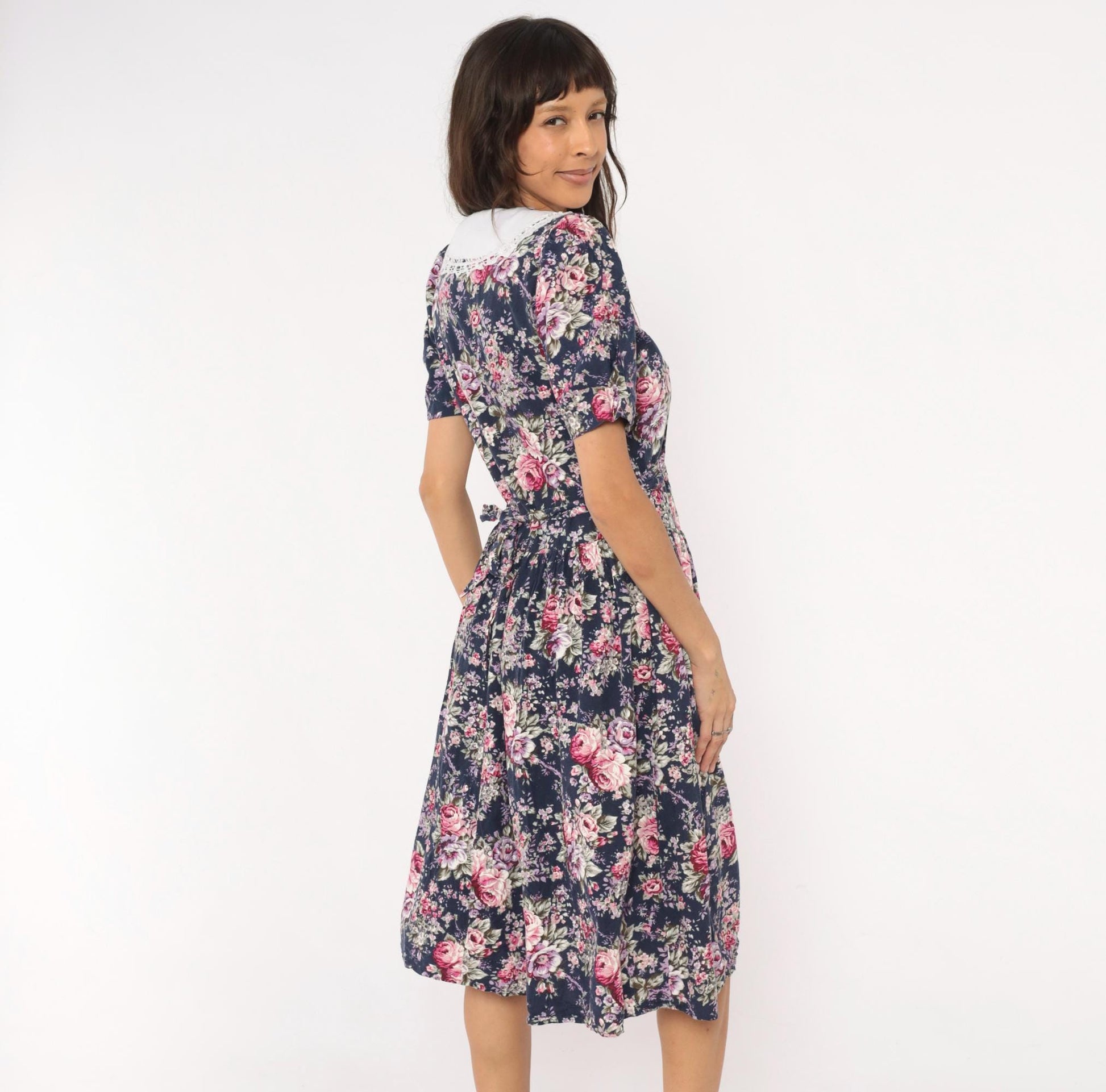 90s Especially Yours Navy Floral Midi Dress Lace Collar Puff Sleeve Medium M