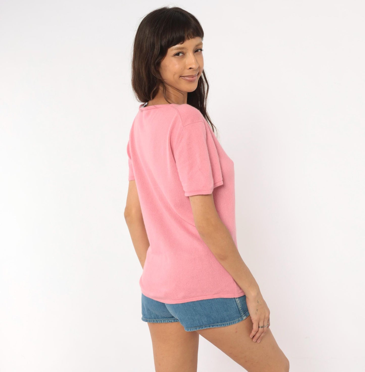 Y2K Rose Silk Cashmere Knit Tee Pink Scoop Neck Short Sleeve Large L