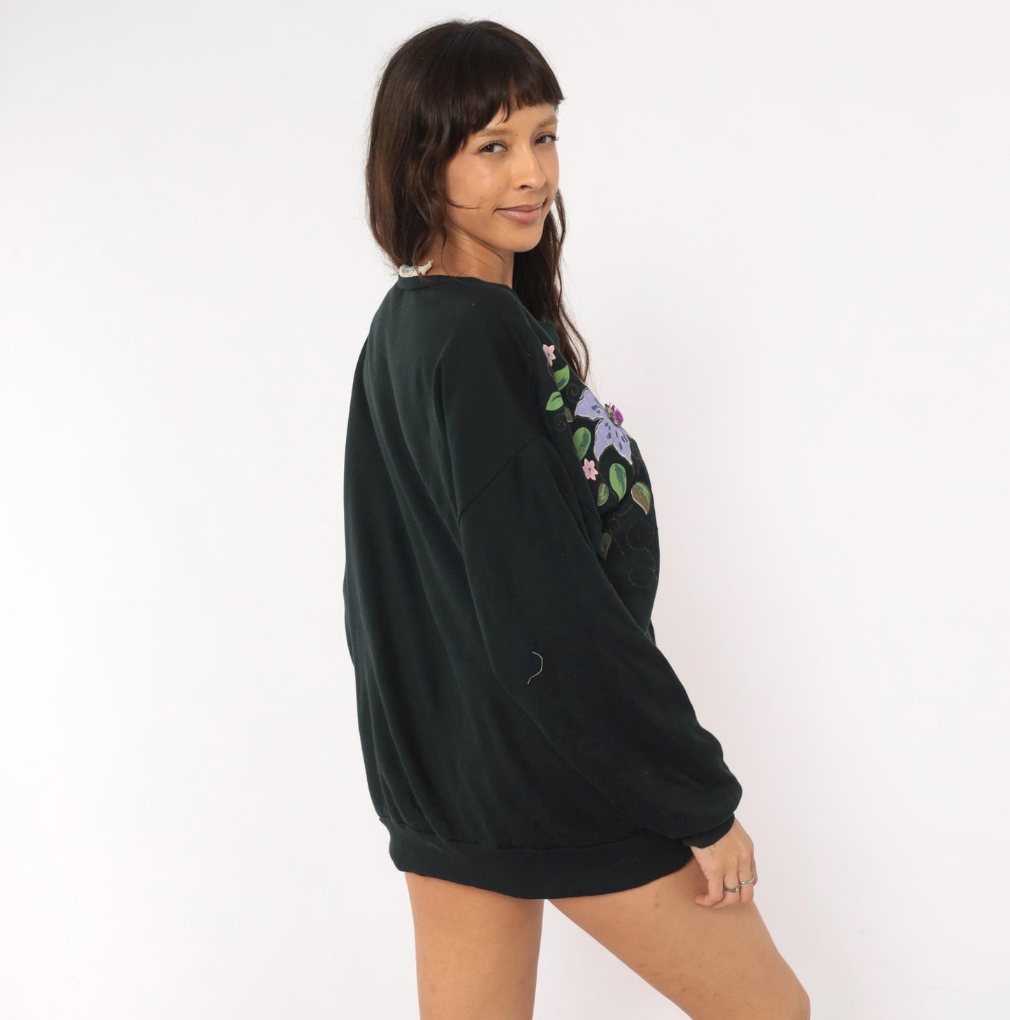 90s Cristin Stevens Floral Sweatshirt Black Purple Lily Jeweled Crewneck Large L