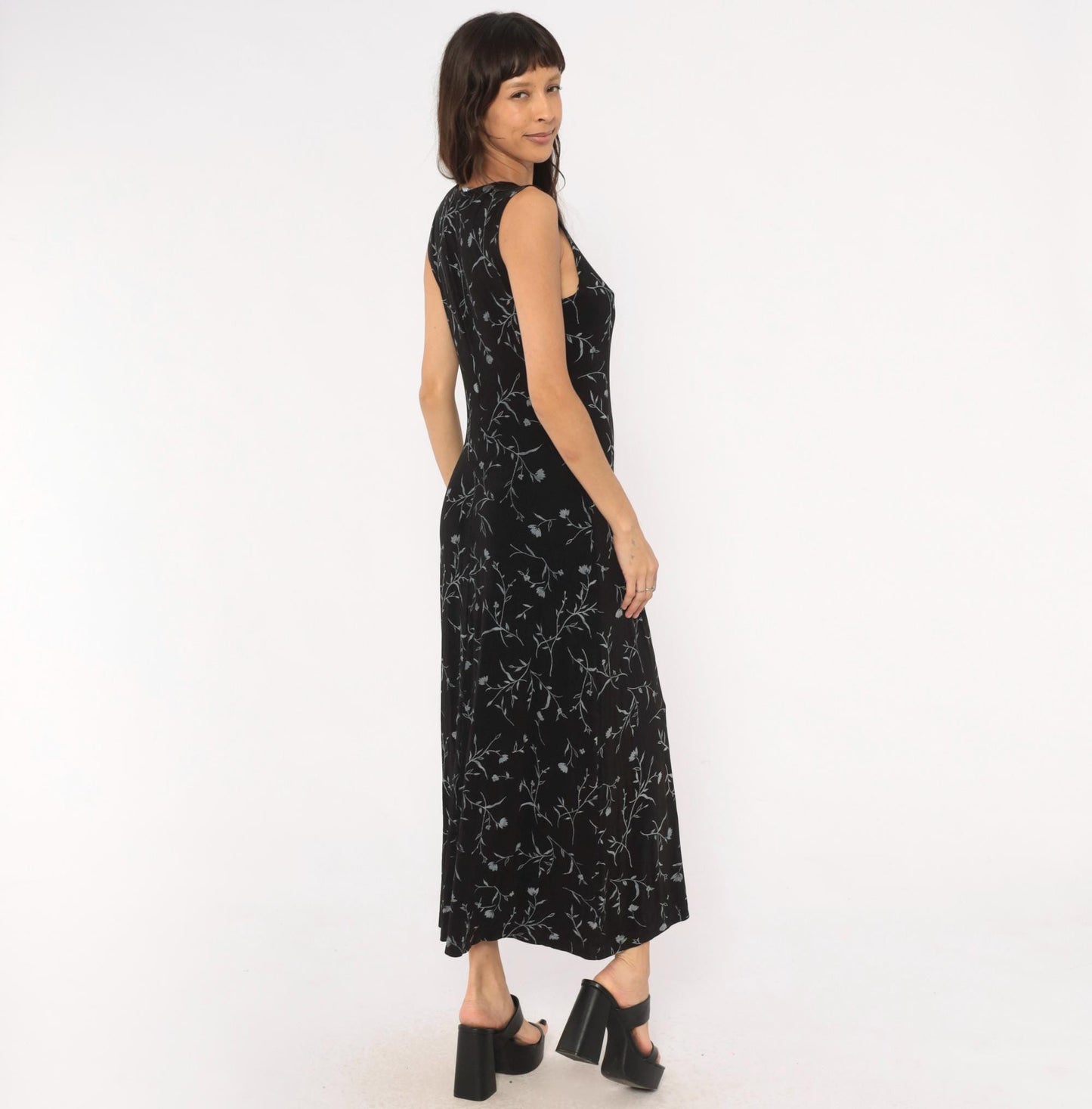 90s Ronni Nicole Black Floral Maxi Dress Grey Vine Print Sleeveless Large L