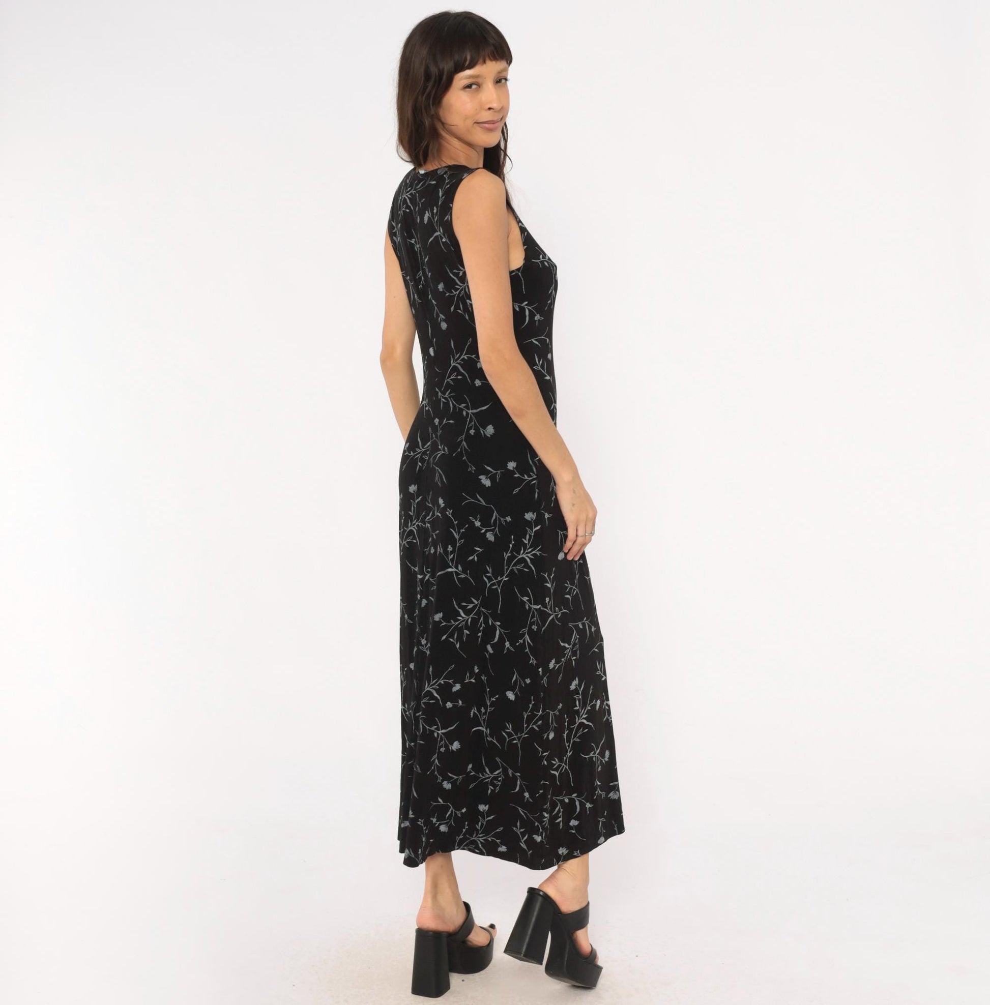 90s Ronni Nicole Black Floral Maxi Dress Grey Vine Print Sleeveless Large L