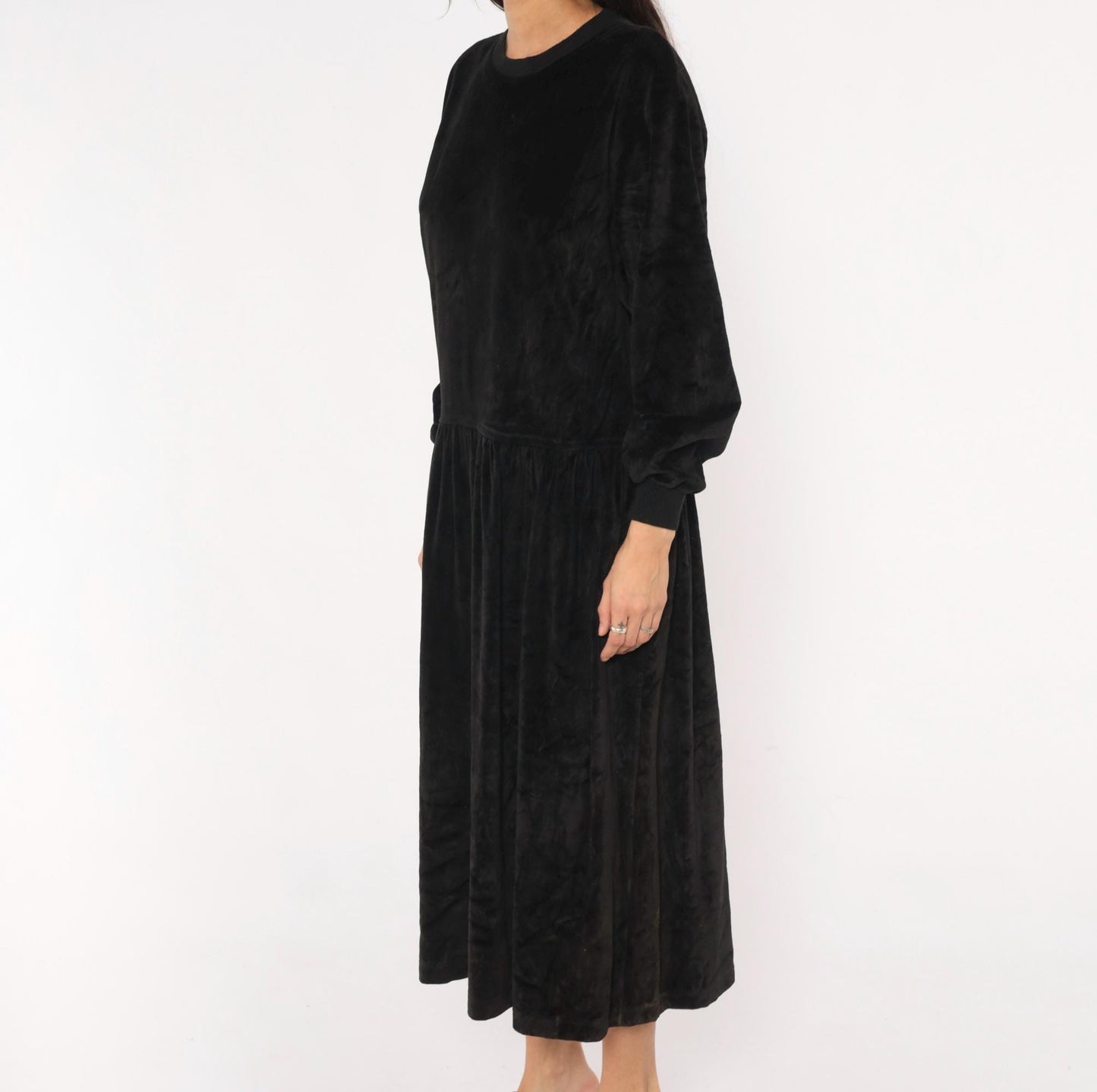 90s Lizsport Black Velvet Midi Dress Drop Waist Pockets Large L