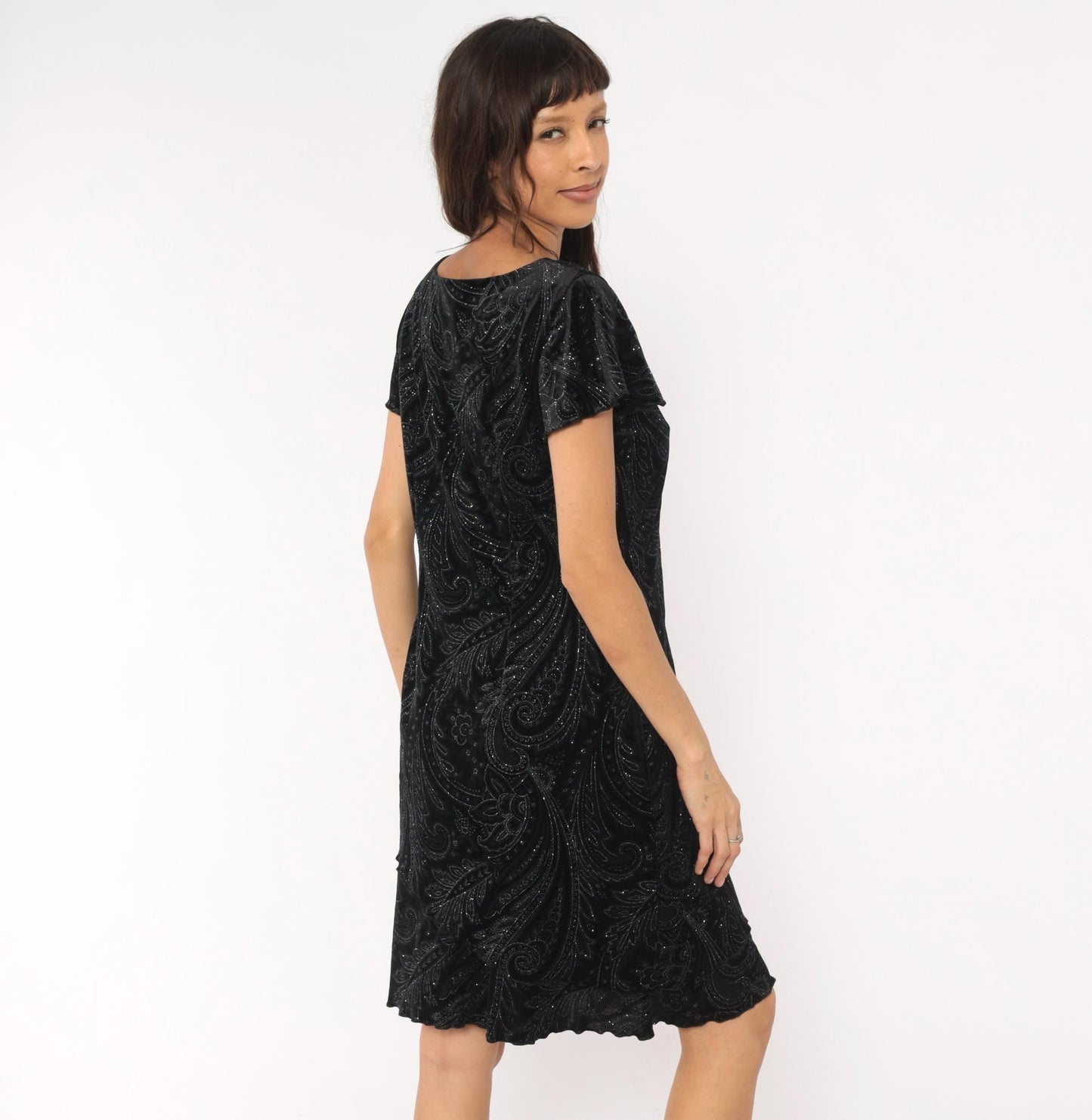 90s S.L. Fashions Black Velvet Paisley Glitter Dress Flutter Sleeve Medium Petite