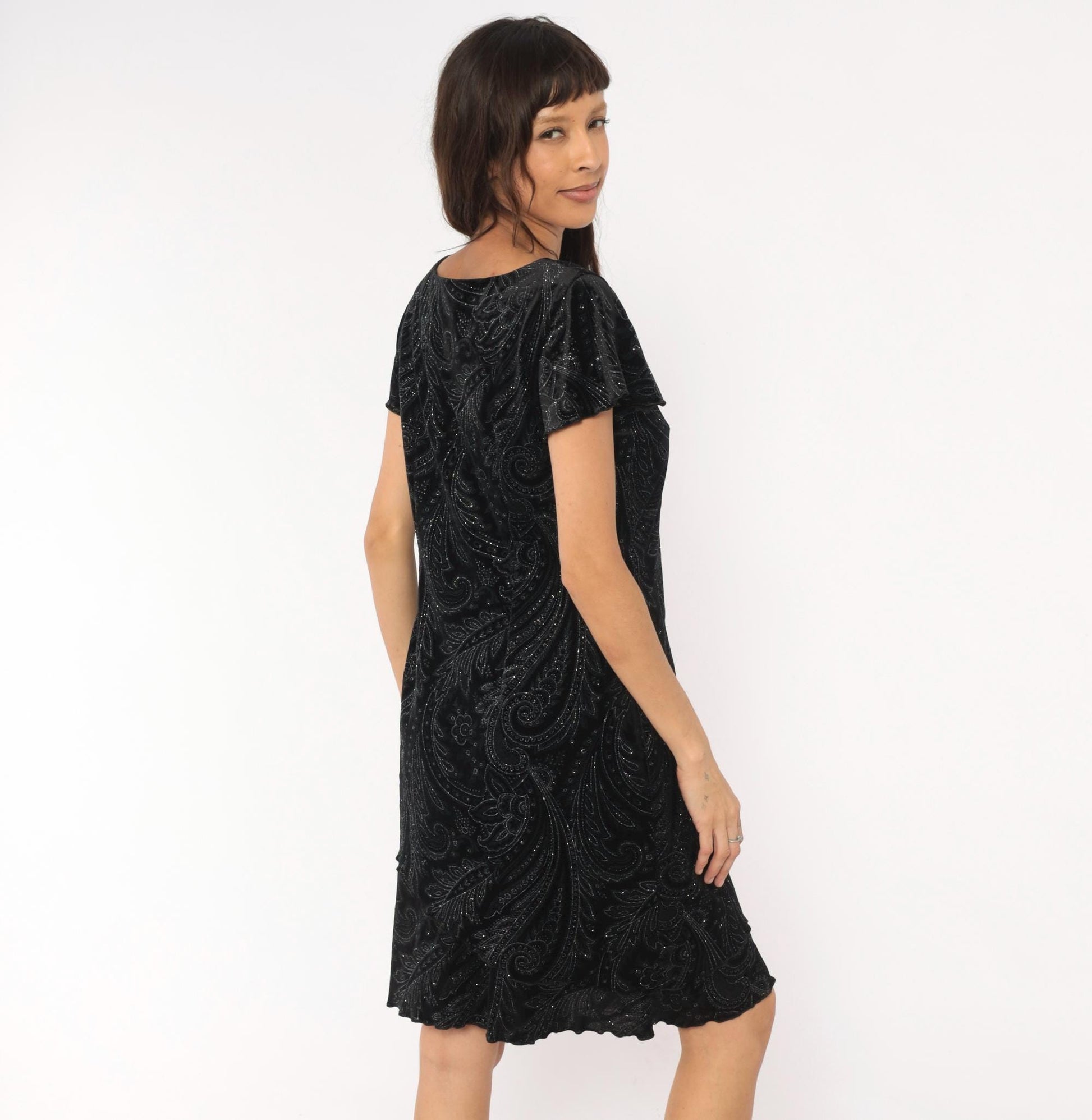 90s S.L. Fashions Black Velvet Paisley Glitter Dress Flutter Sleeve Medium Petite