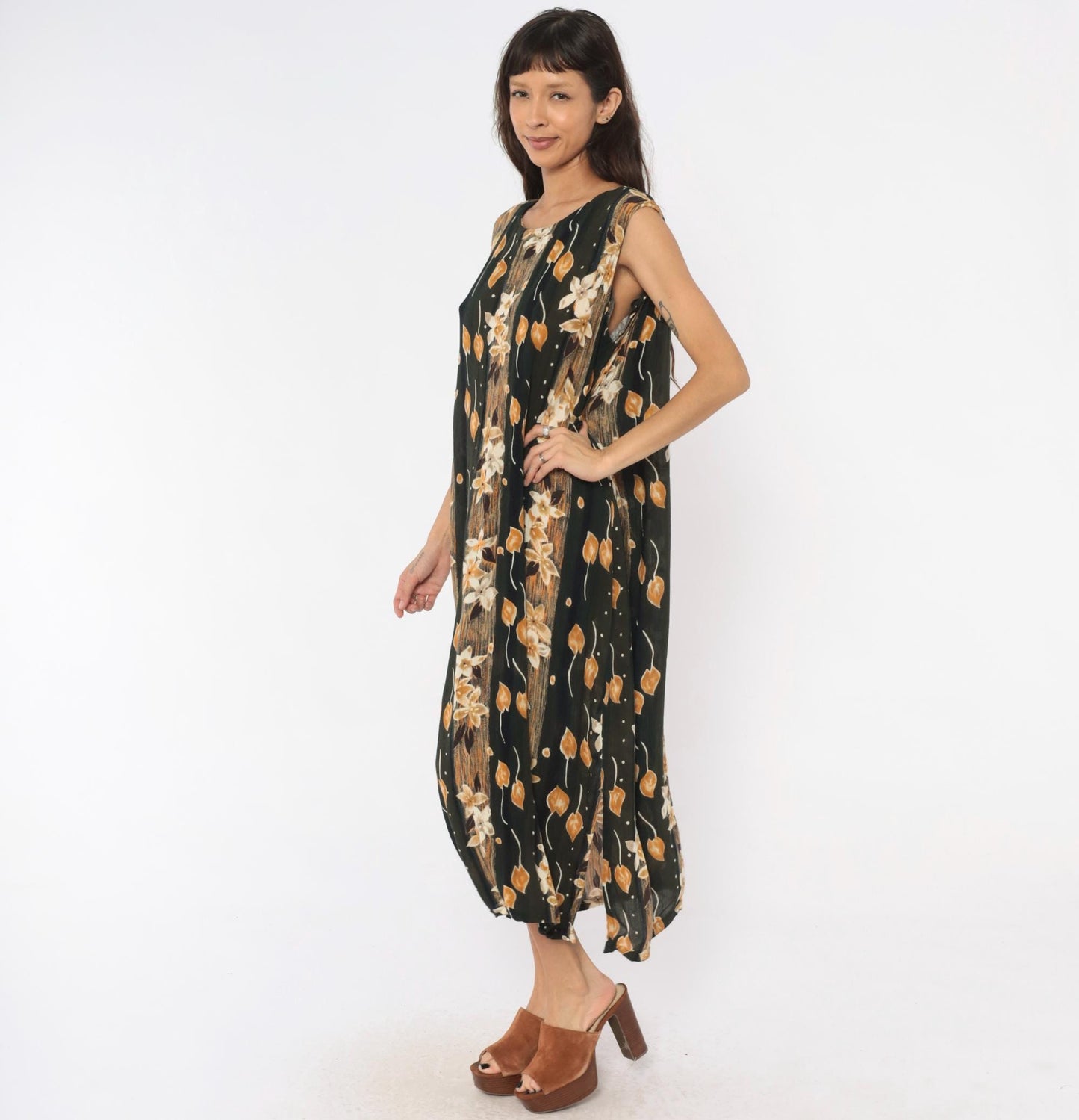 90s Sag Harbor Floral Maxi Dress Olive Green Cream Leaves Large L