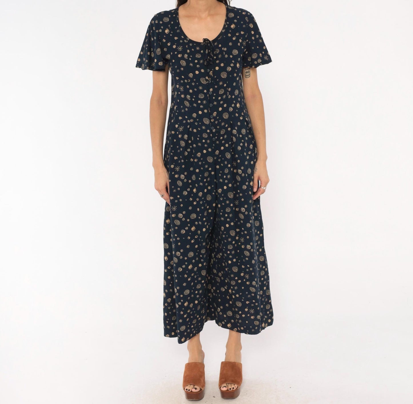 90s Darian Petites Celestial Jumpsuit Navy Tan Star Print Wide Leg Medium M