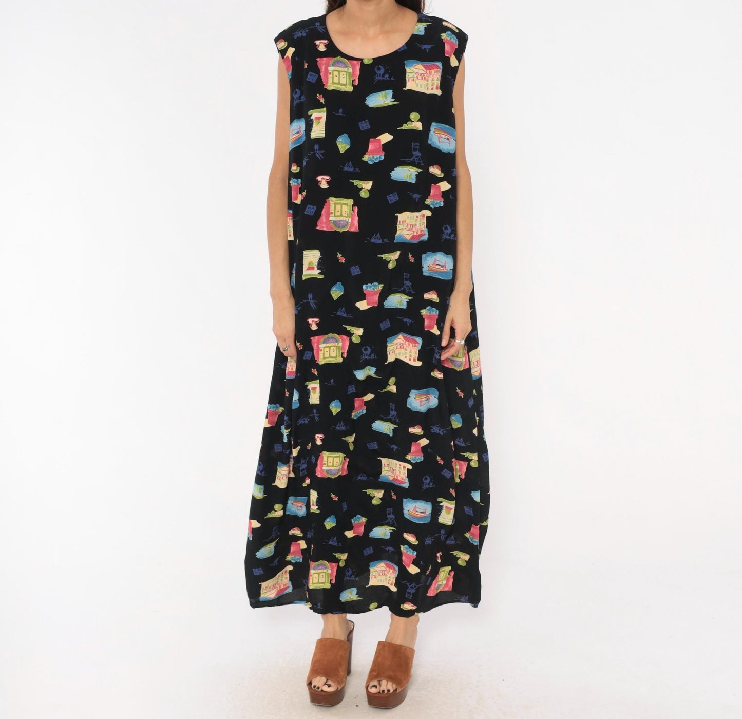90s Positive Attitude Village Print Maxi Dress Black Plus Size 1X