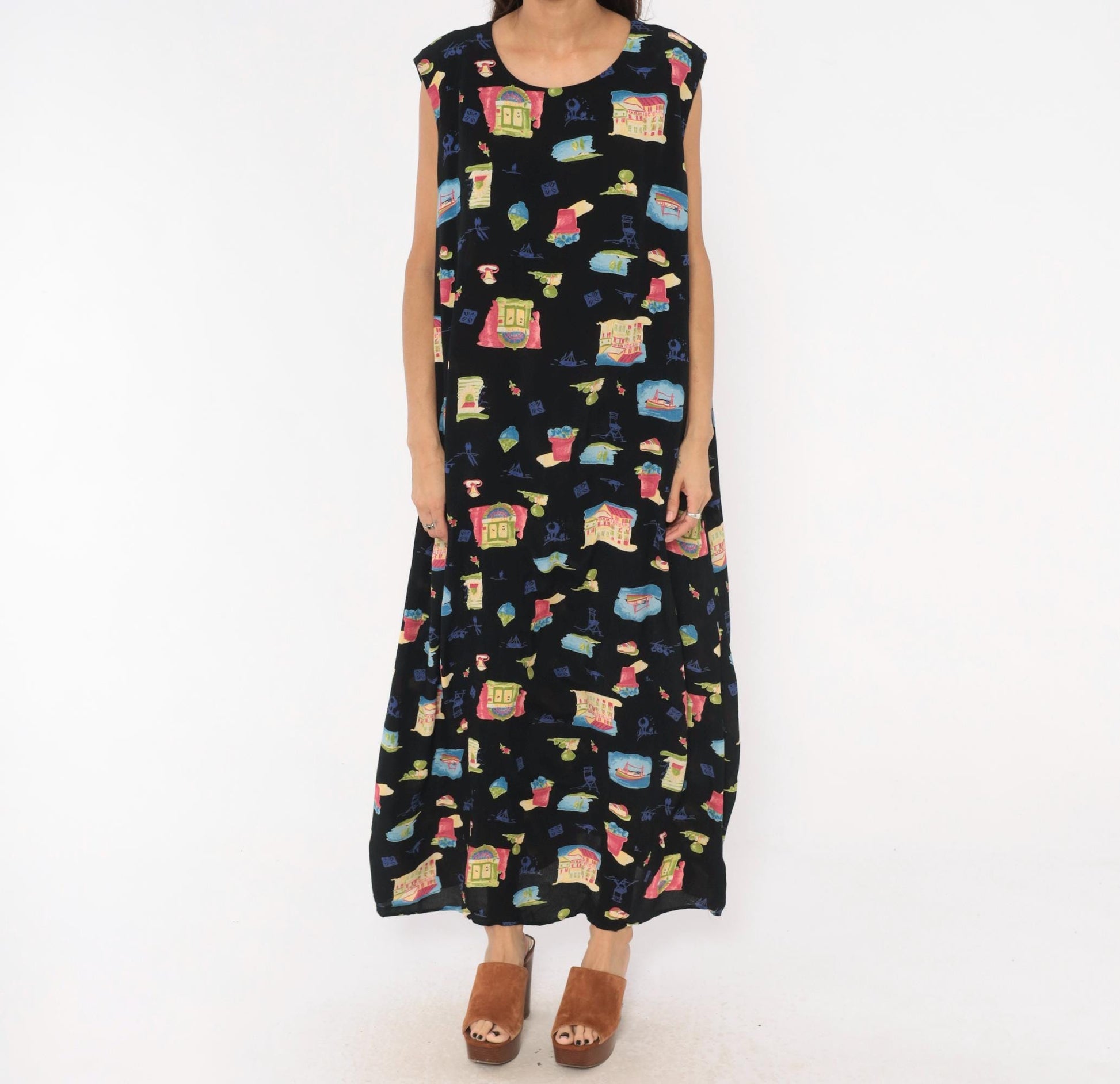 90s Positive Attitude Village Print Maxi Dress Black Plus Size 1X