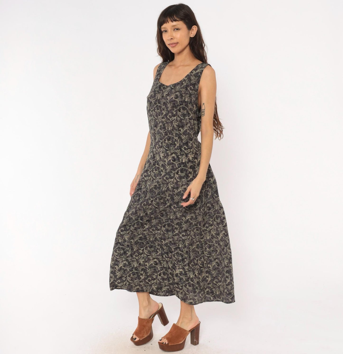 90s Worthington Baroque Maxi Dress Charcoal Floral Tank Tie Back Plus Size 1X