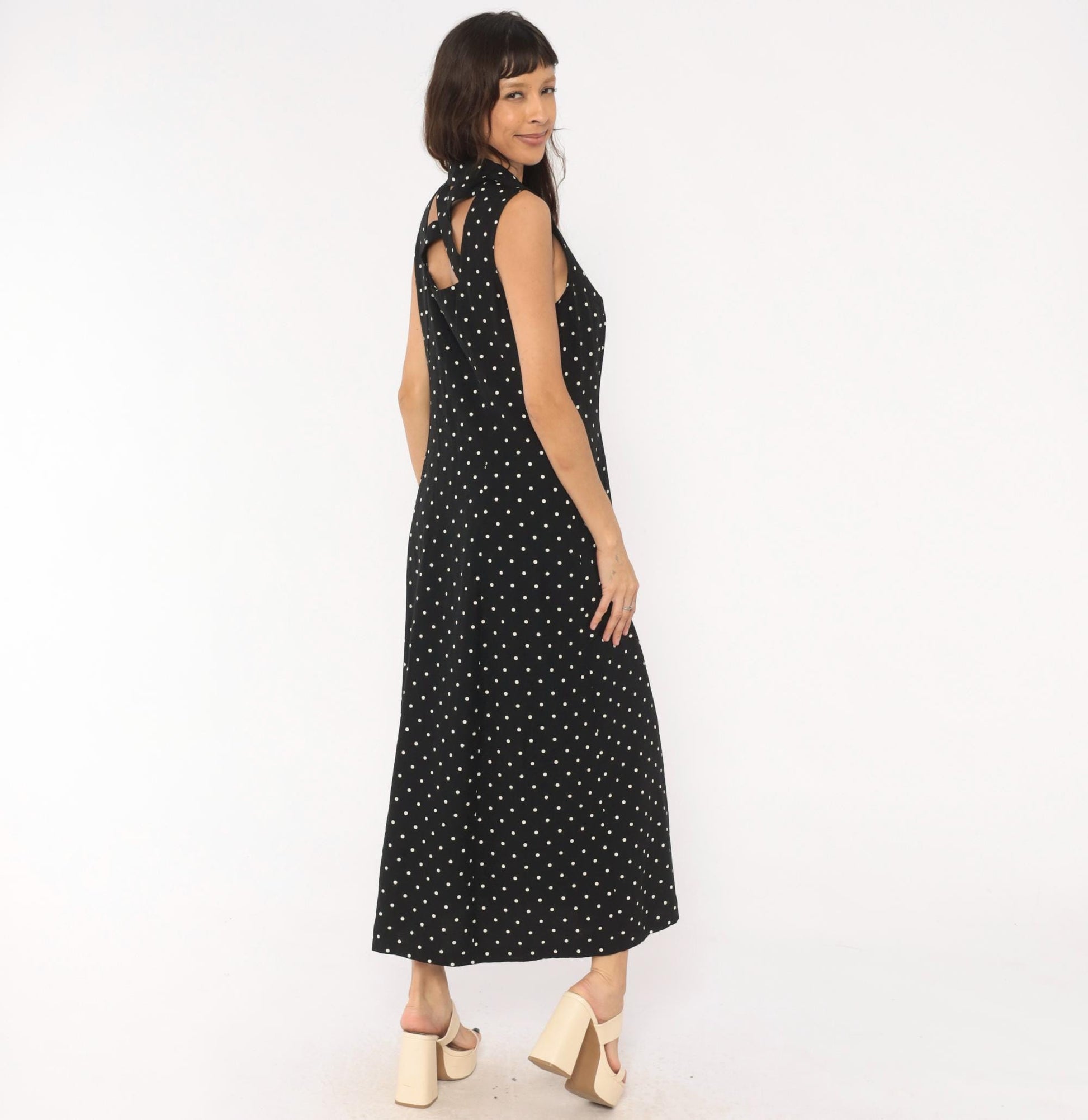 90s Dressbarn Black White Polka Dot Maxi Dress V Neck Button Front Large L