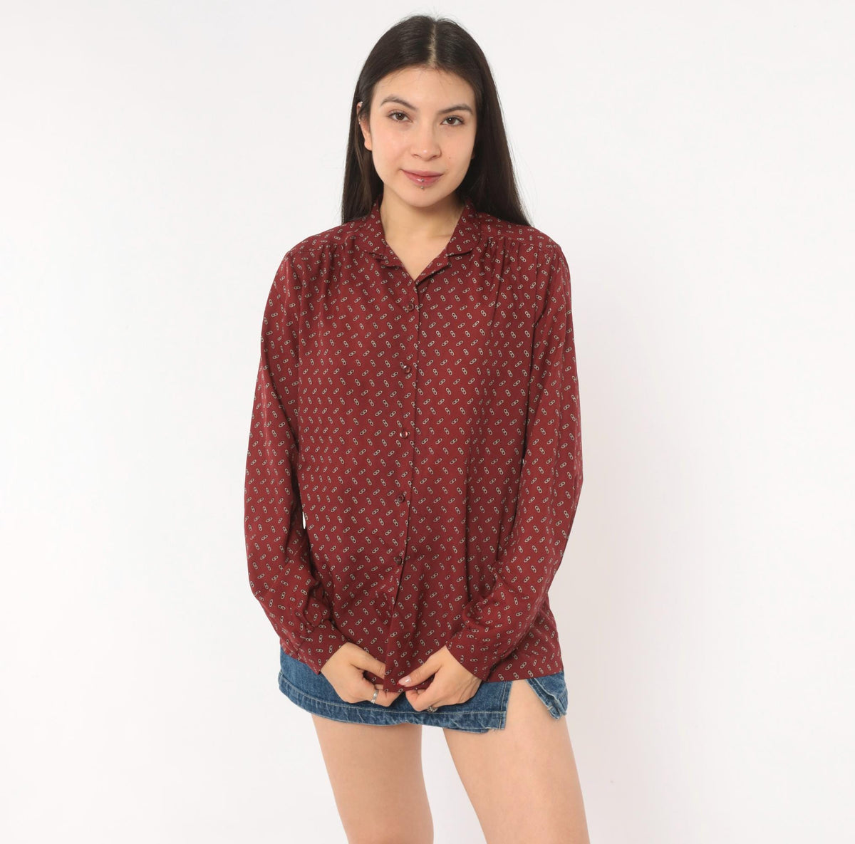 80s Koret Burgundy Chain Link Print Button Blouse Long Sleeve Medium M