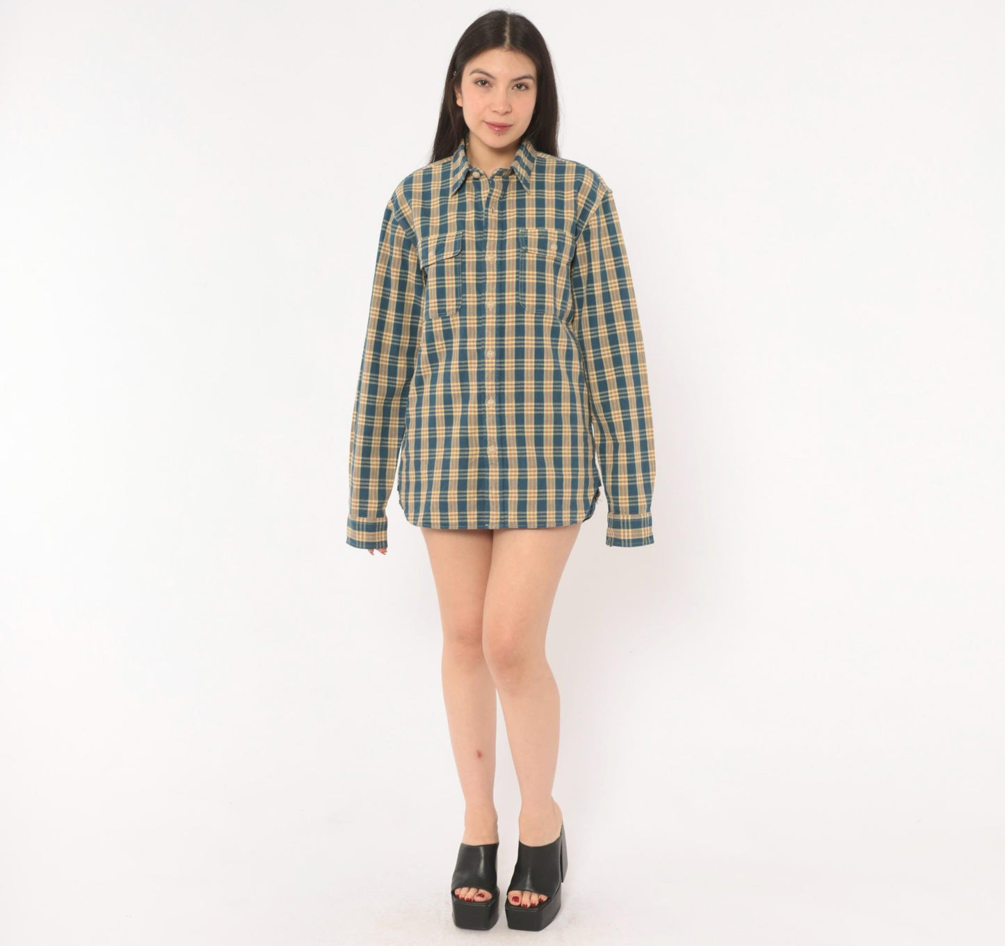 90s Ralph Lauren Plaid Flannel Shirt Teal Cream Cotton Small S