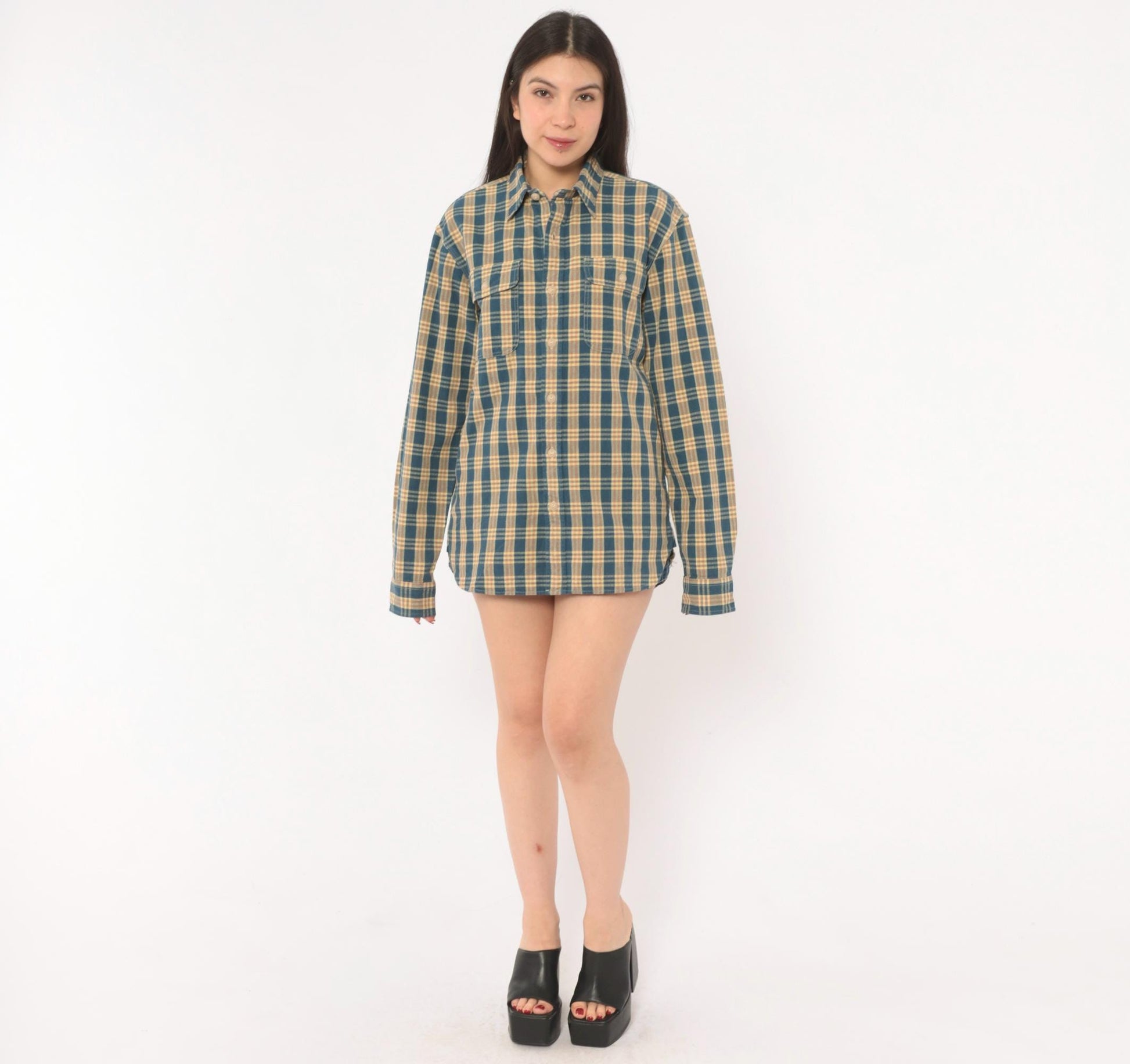 90s Ralph Lauren Plaid Flannel Shirt Teal Cream Cotton Small S