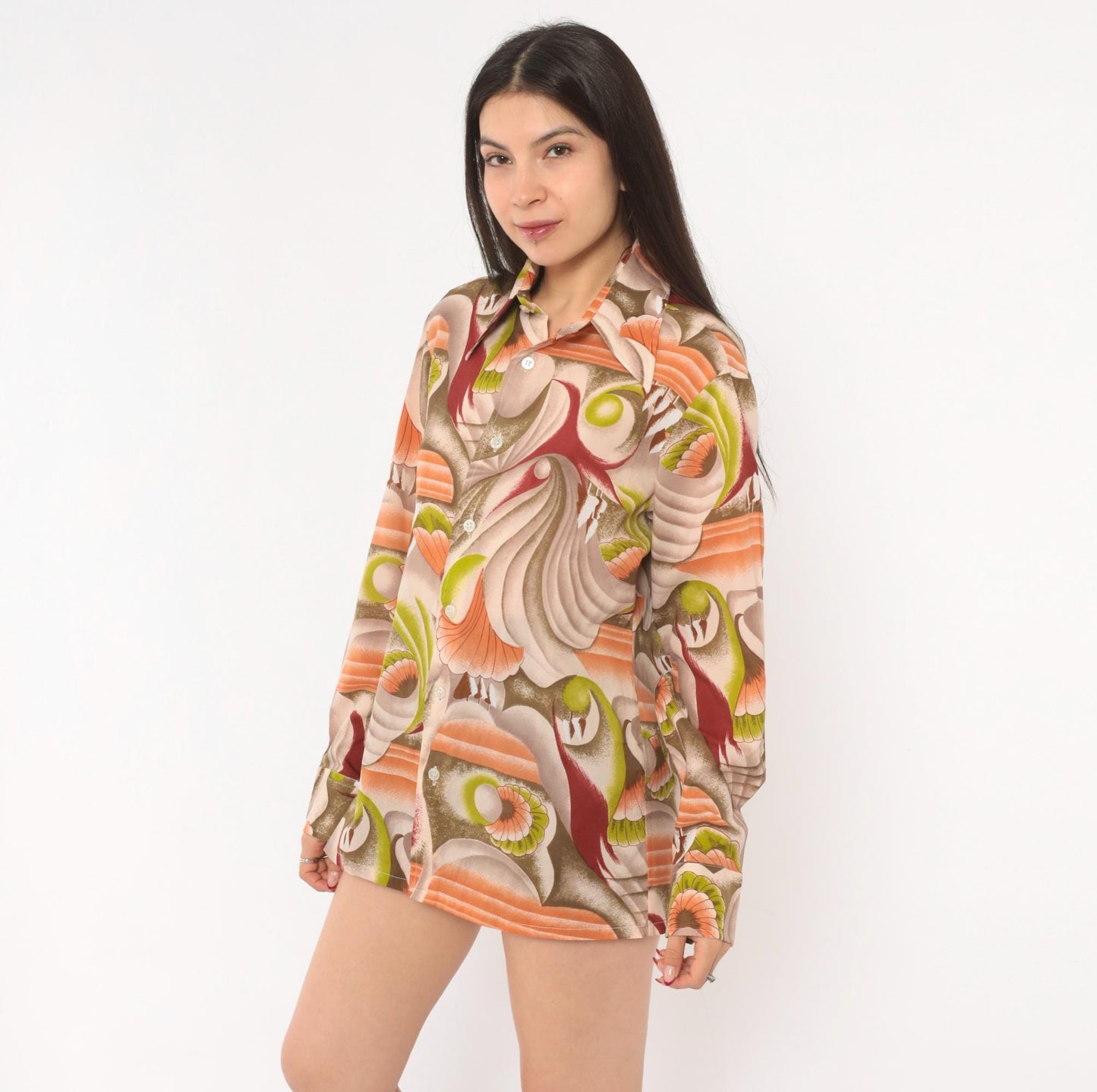 70s Landmark Button Front Shirt Psychedelic Swirl Print Olive Burgundy Medium