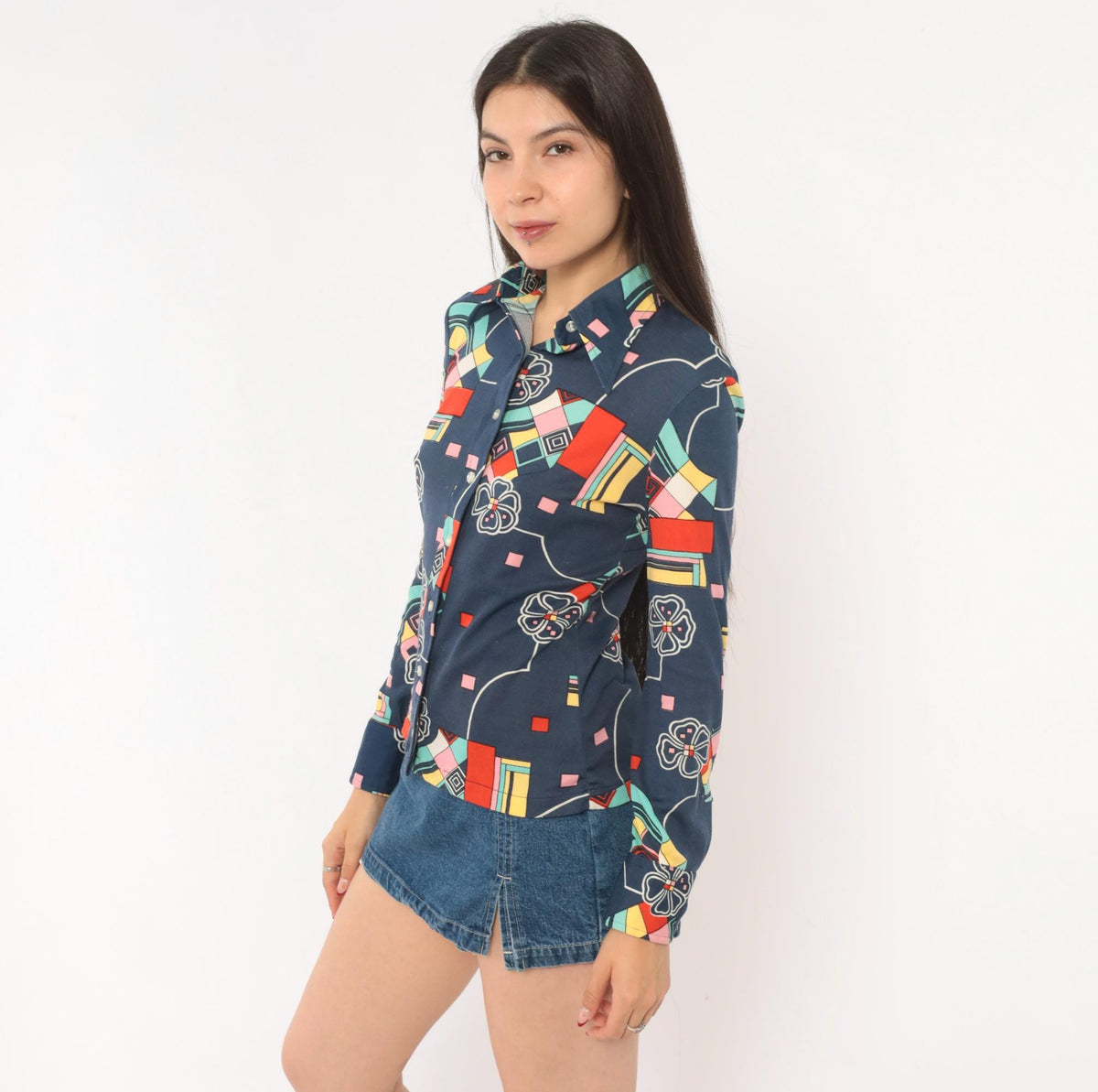 70s Panther Navy Geometric Floral Button Front Blouse Long Sleeve Small