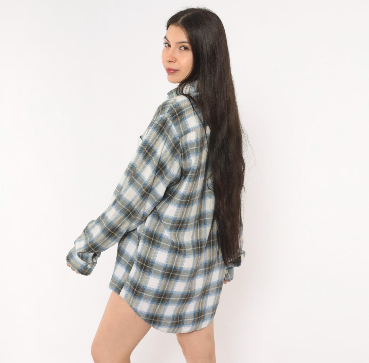 80s Sears Sportswear Plaid Flannel Shirt Blue White Cotton Button-Up Medium