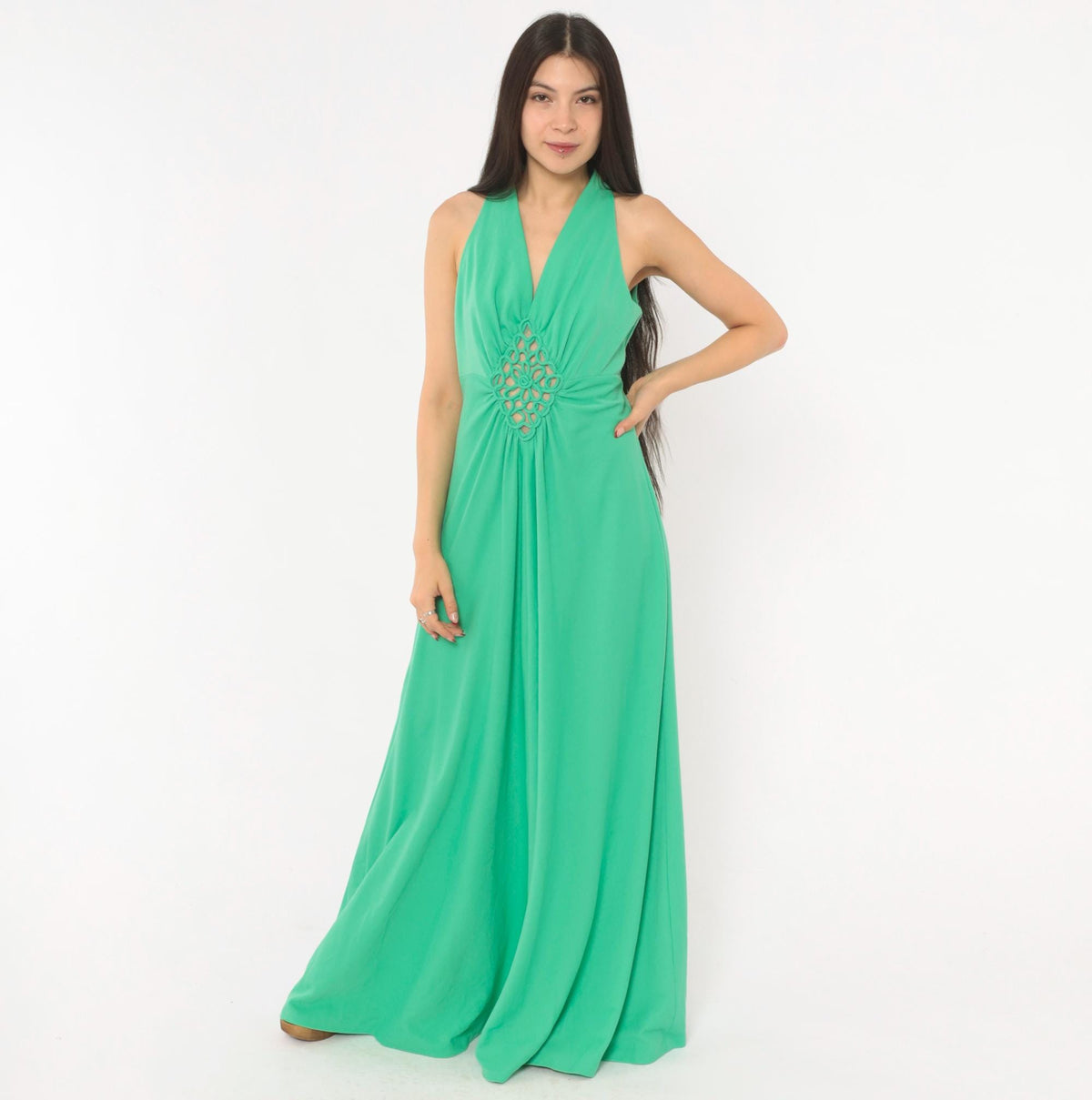 70s Mint Green Halter Maxi Dress Empire Waist Crochet Cutout V Neck Medium Large