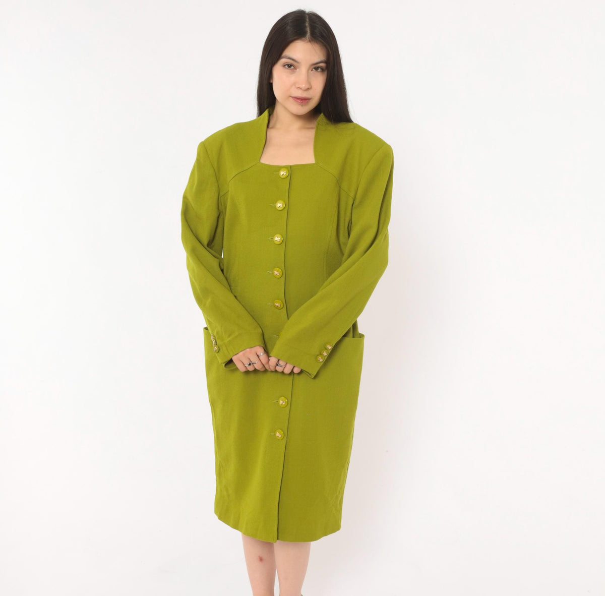 80s Lauren Taylor Wool Coat Dress Olive Green Gold Buttons Power Dressing Large L
