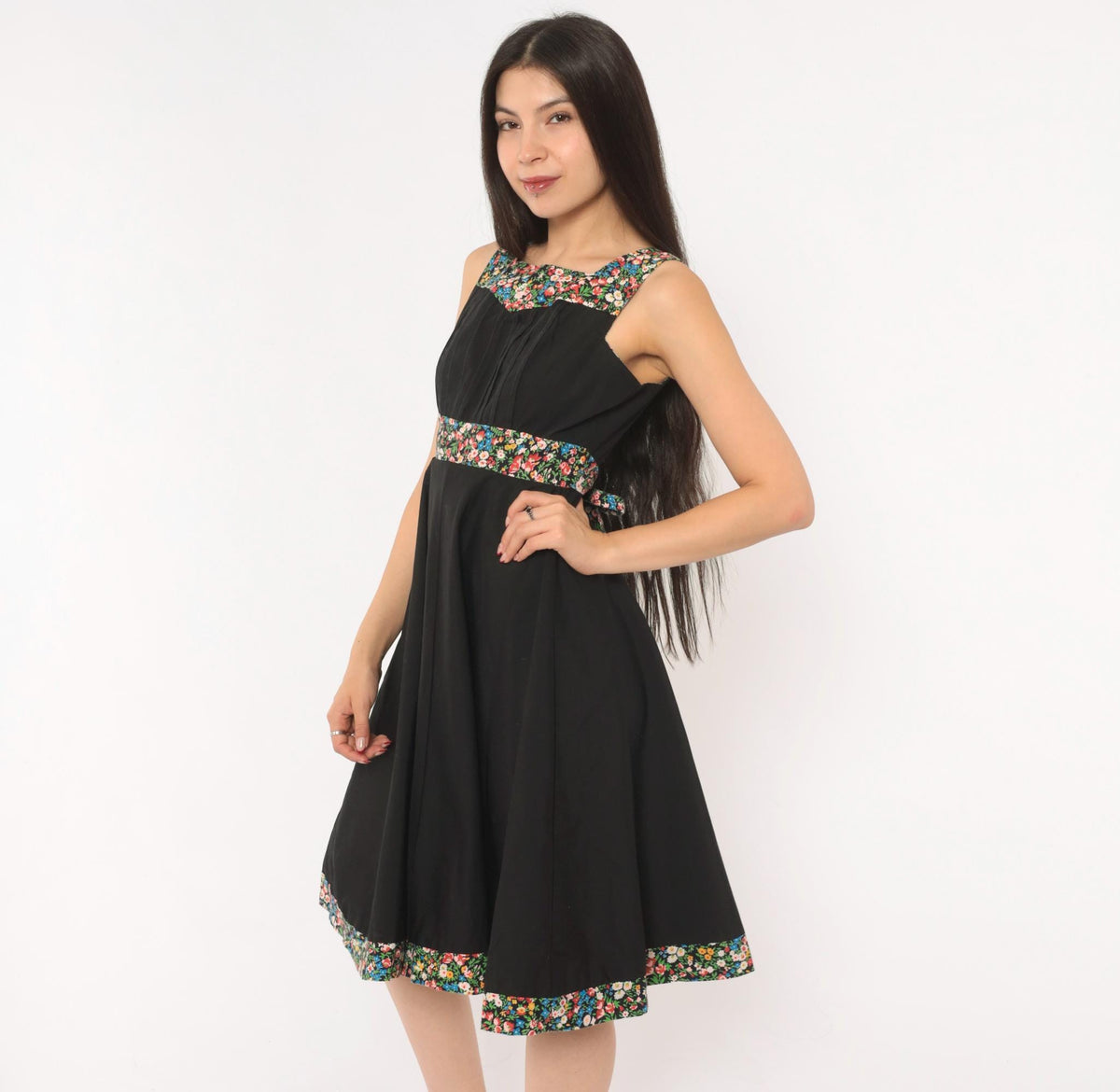 70s Tracy Petites Black Floral Calico Sundress Square Neck Tie Back XS