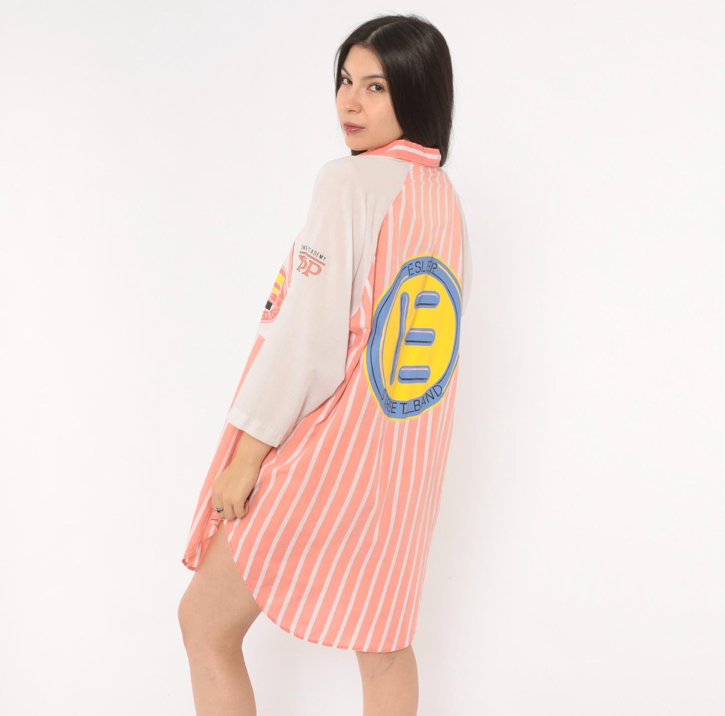 90s Esleep Pink Striped Sleep Shirt Knee-Length Raglan Nightgown Small