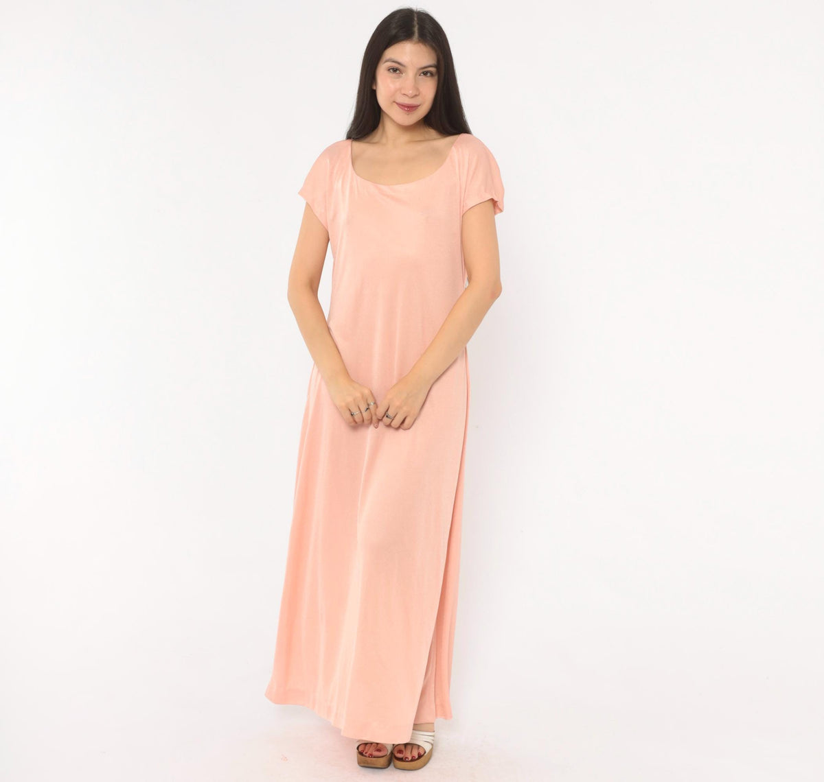 70s Blush Pink Maxi Dress Cap Sleeve Scoop Neck A-Line Large