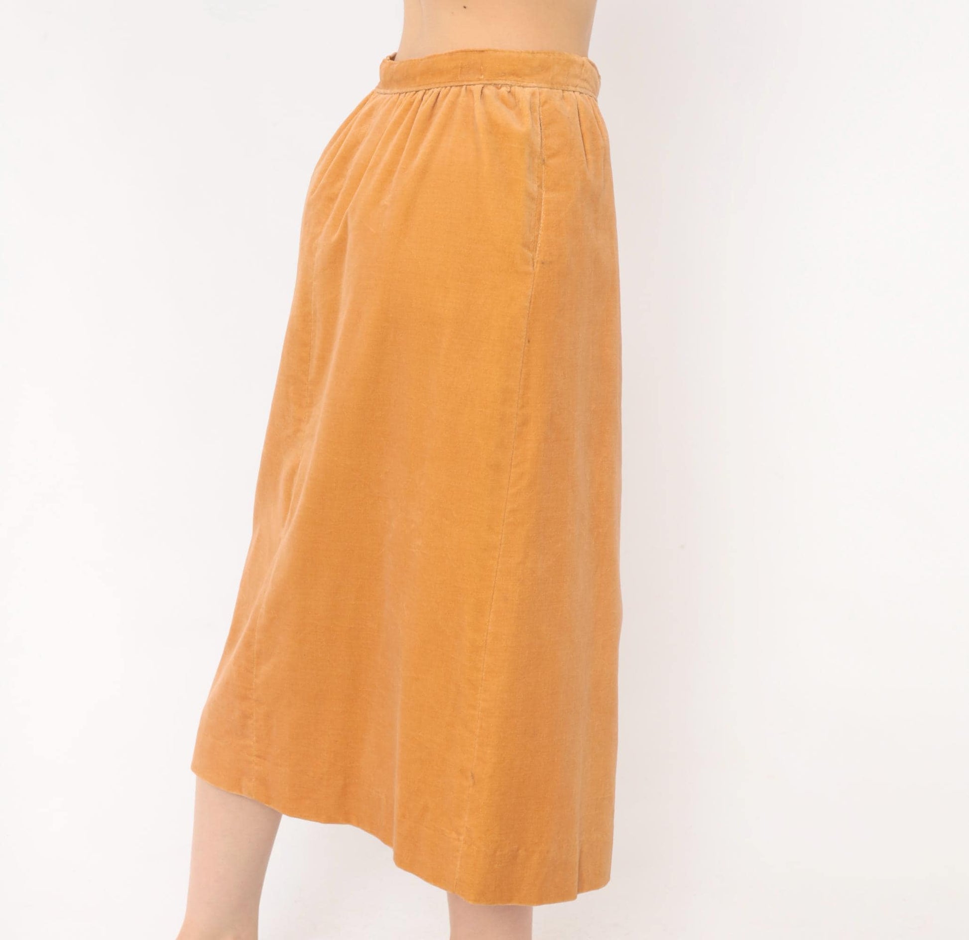 80s Evan Picone Velvet Midi Skirt Camel A-Line Button Pockets Medium M