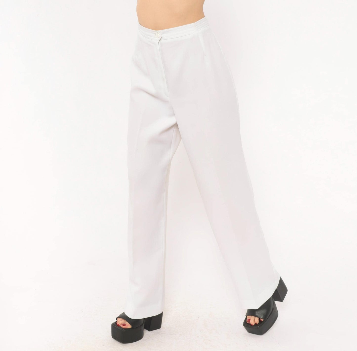 70s White High-Rise Wide-Leg Trousers Pleated Straight Pants Large L