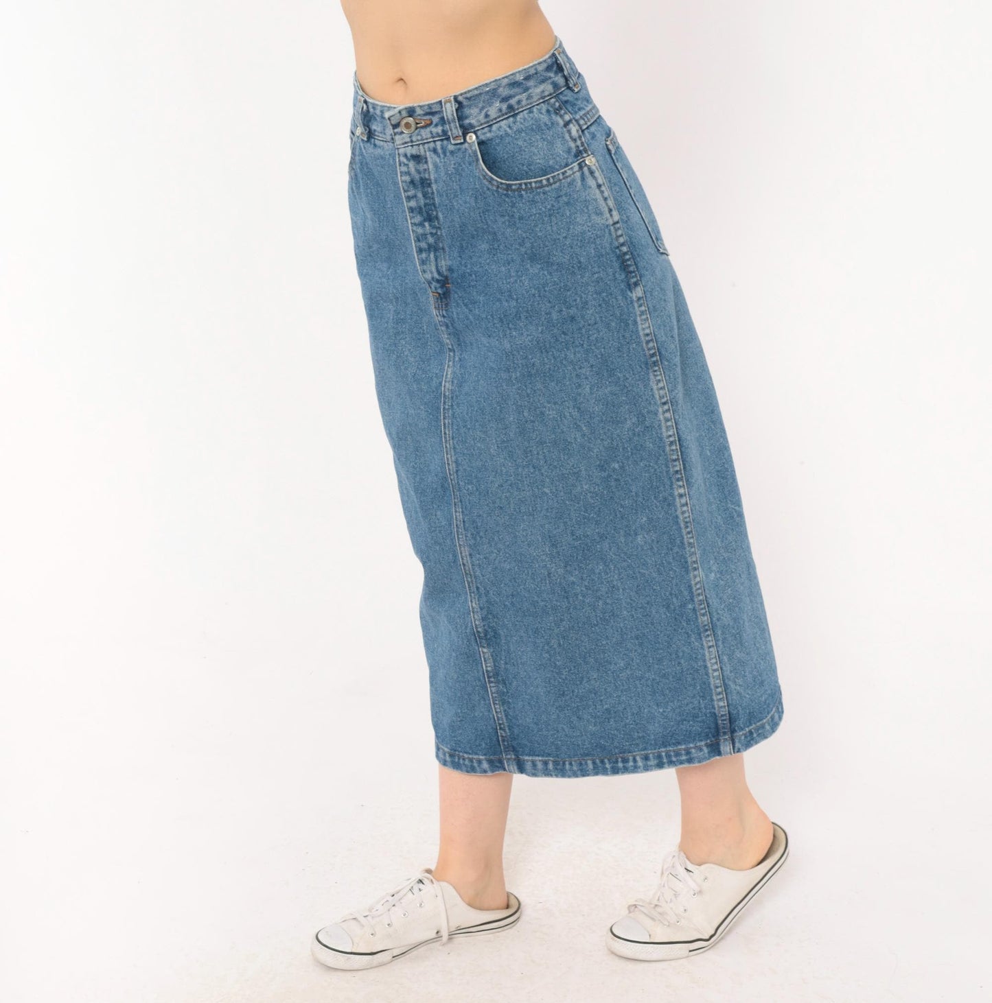 90s Jordache Denim Midi Skirt Medium Wash High Waist Straight Pencil Back Slit Small