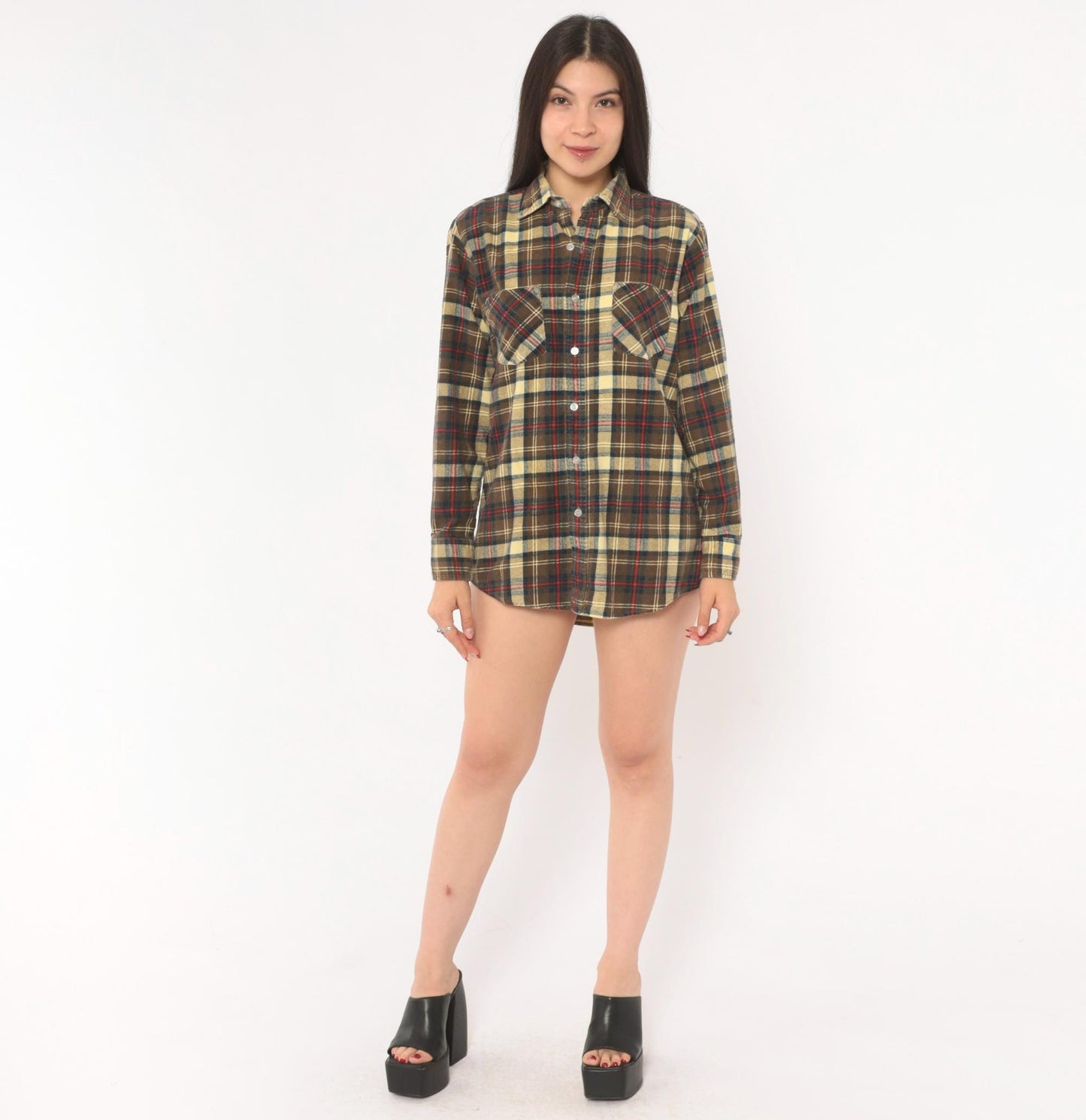 90s Chandler Plaid Flannel Shirt Brown Tan Red Navy Cotton Small S