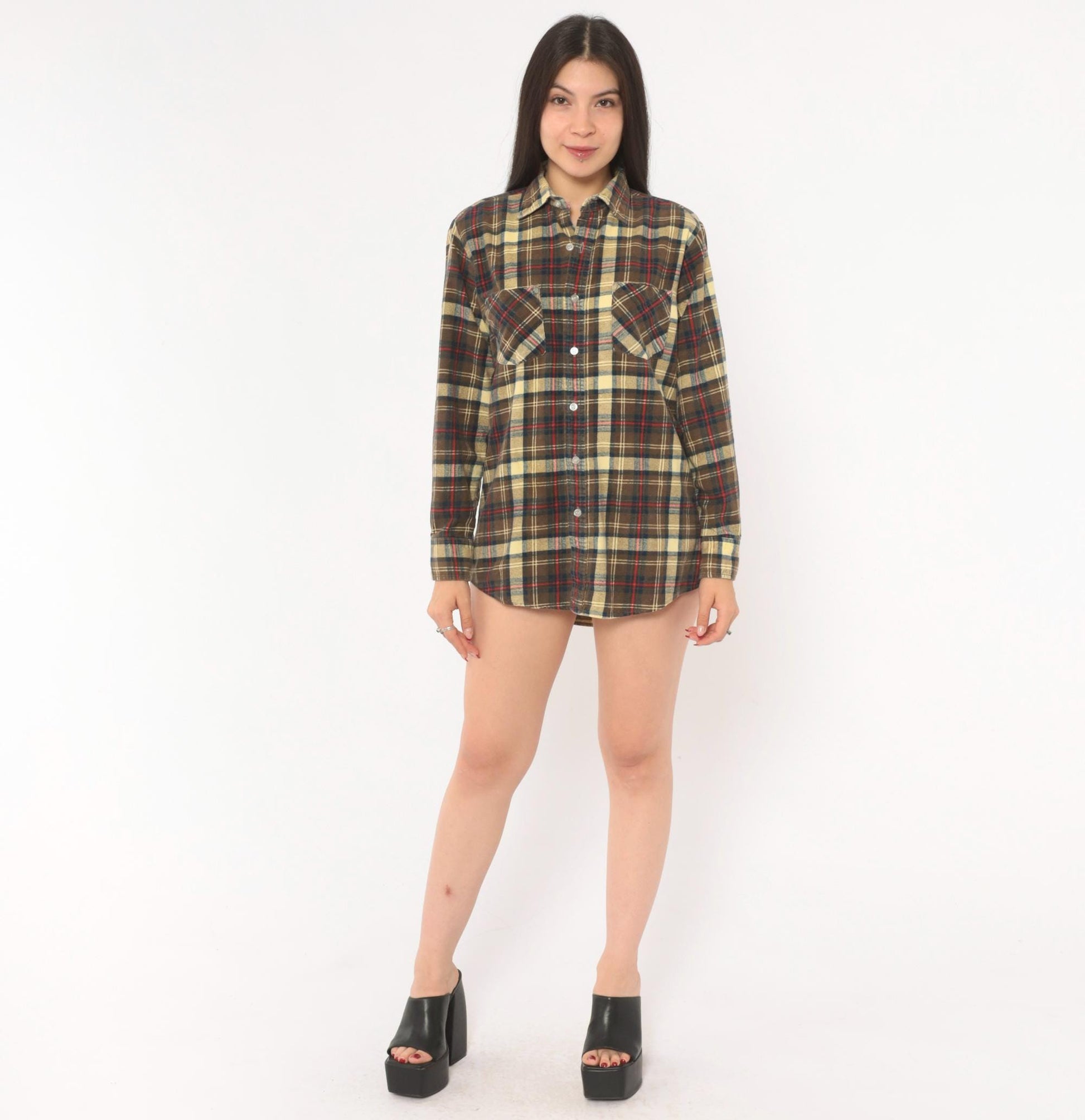 90s Chandler Plaid Flannel Shirt Brown Tan Red Navy Cotton Small S