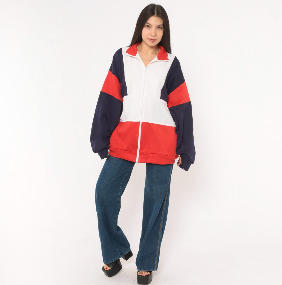 80s Active Wear Color Block Zip Jacket Navy Red White Striped Men's Large
