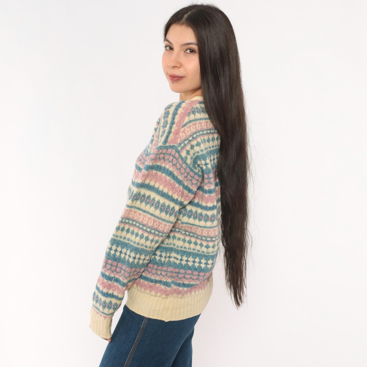 80s American Eagle Fair Isle Wool Sweater Cream Pink Blue Large