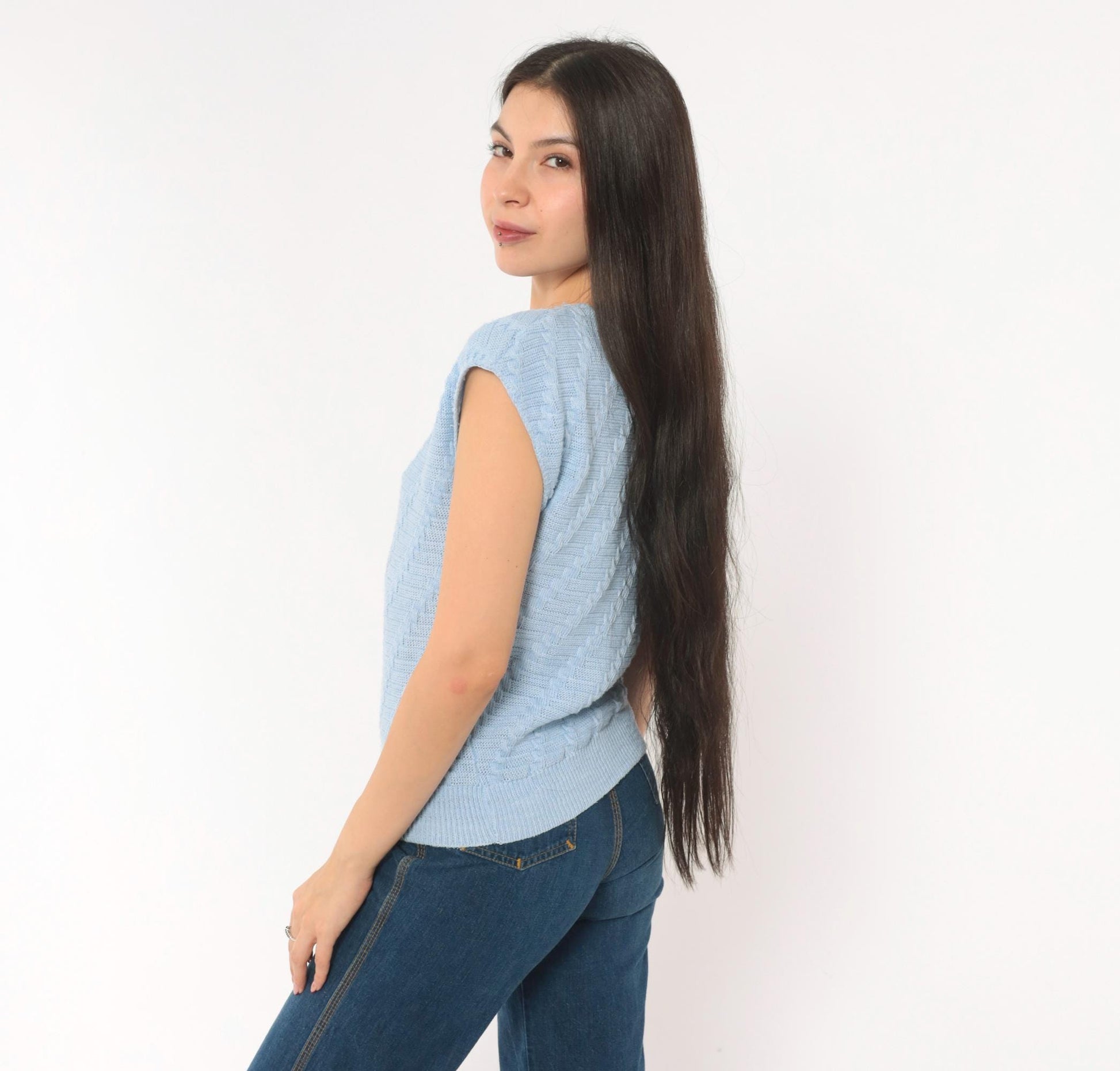 80s King Basketweave Knit Top Cap Sleeve Powder Blue Small Medium