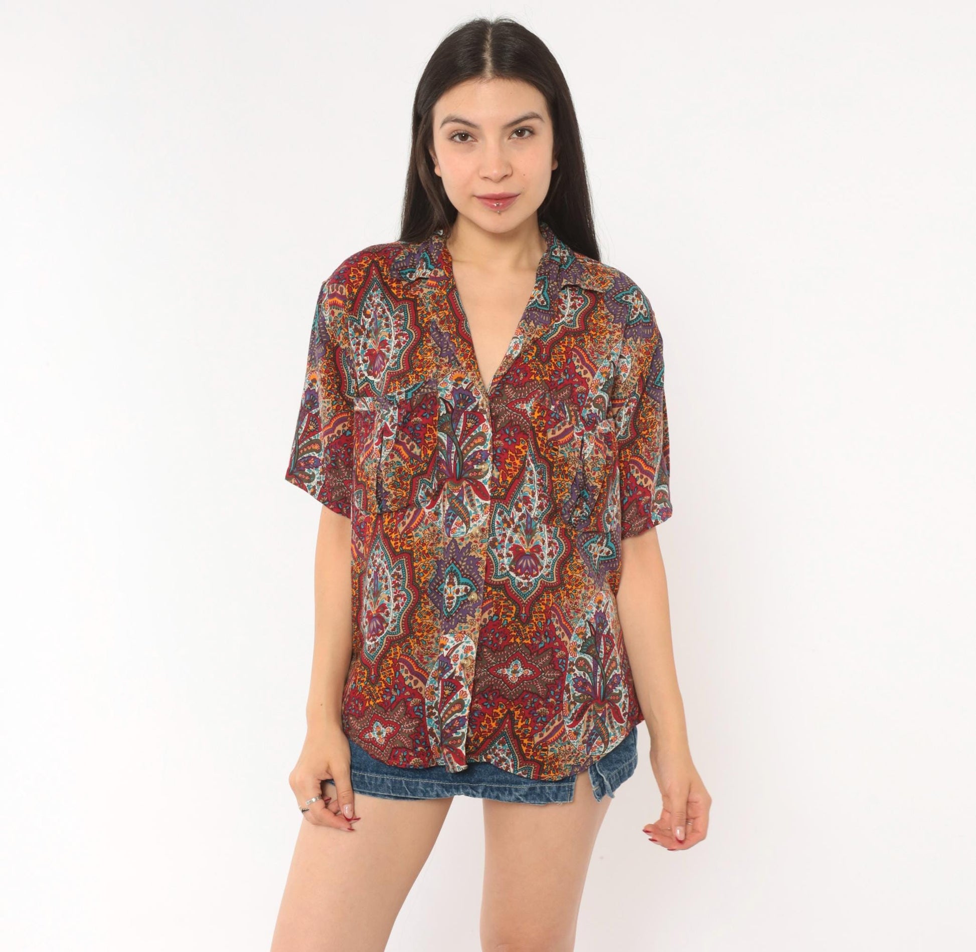 90s Outback Red Paisley Button Front Shirt Camp Collar Purple Medium M