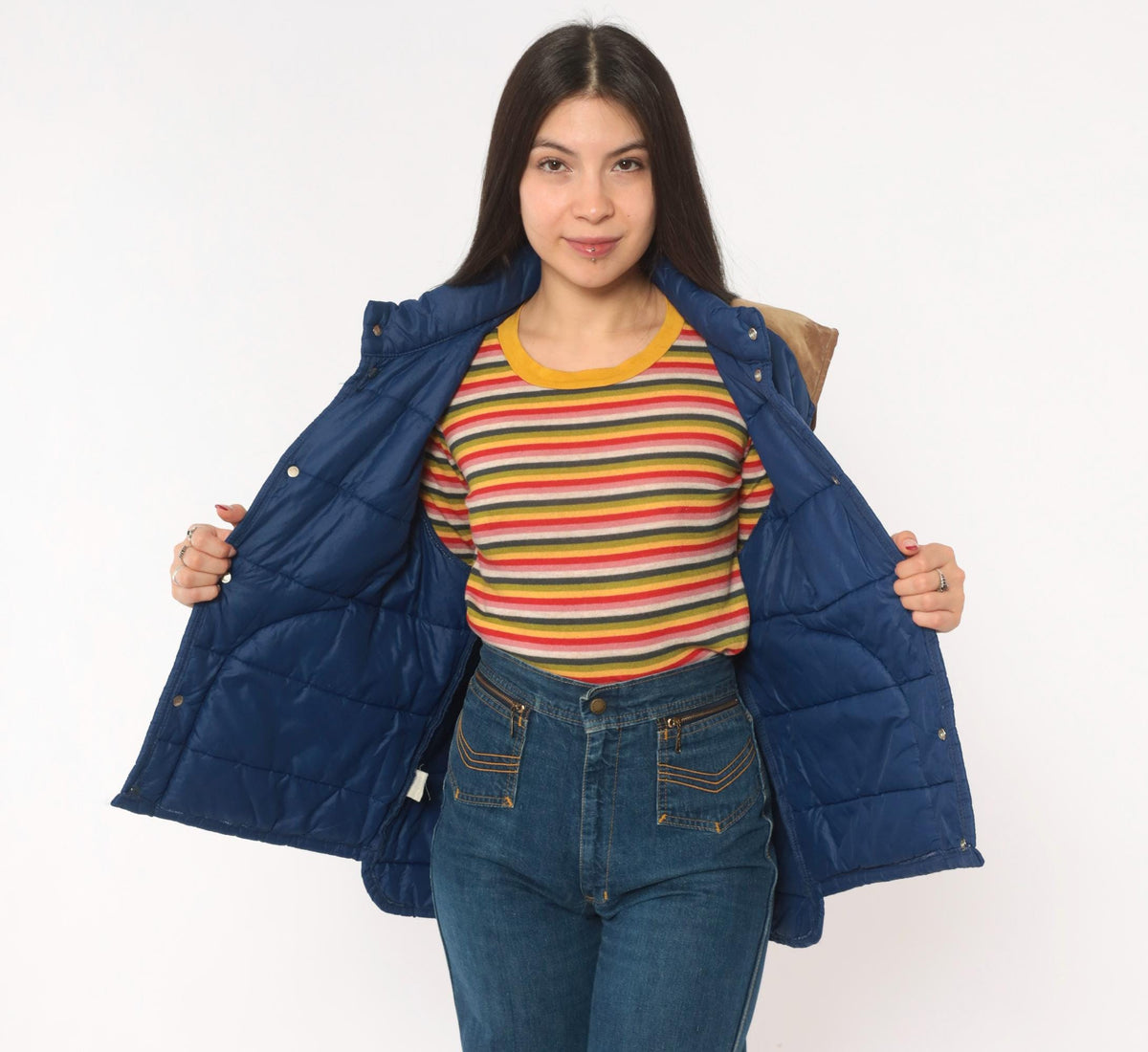 80s Navy Puffer Vest Quilted Suede Trim Snap Front Stand Collar Medium M