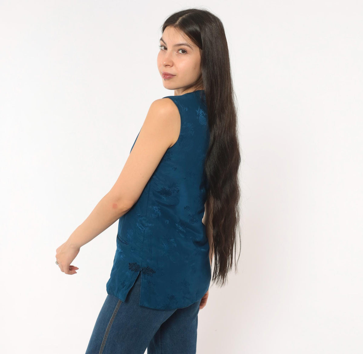 80s Teal Silk Cheongsam Vest Mandarin Frog Closure Floral Small