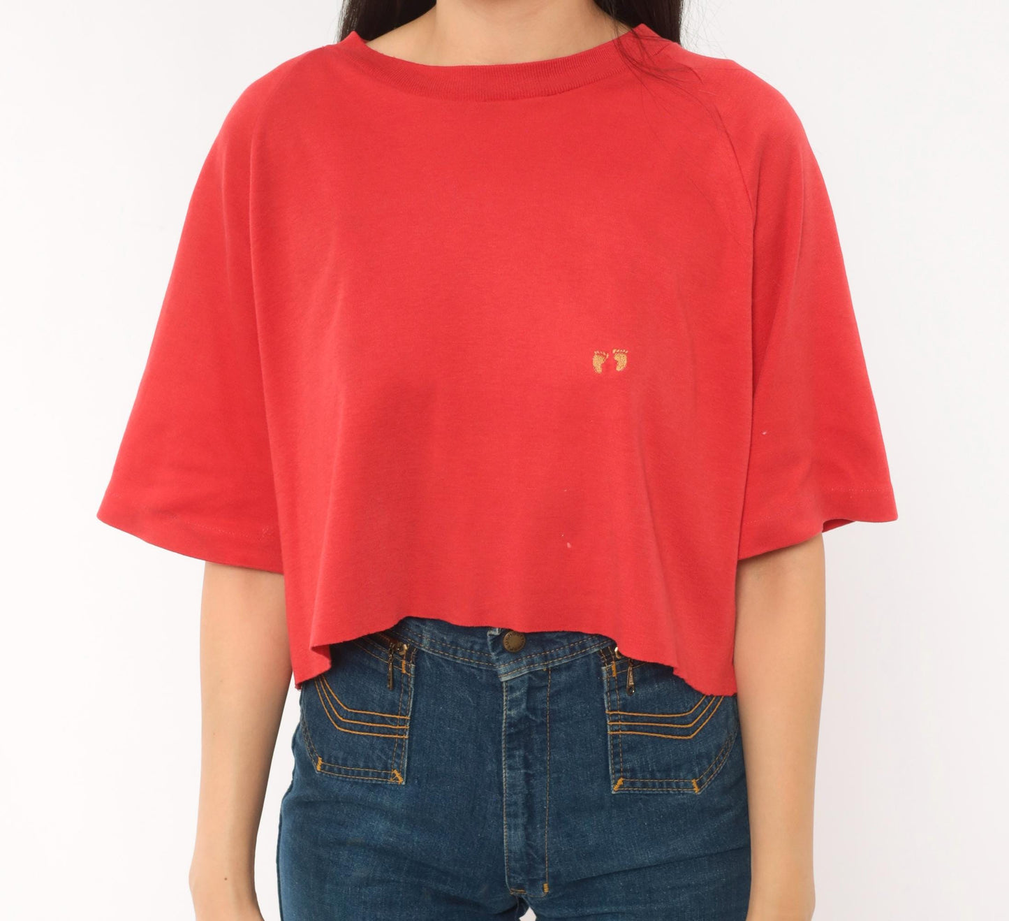 80s Hang Ten Red Cropped Raglan Tee Embroidered Logo Cotton Large L