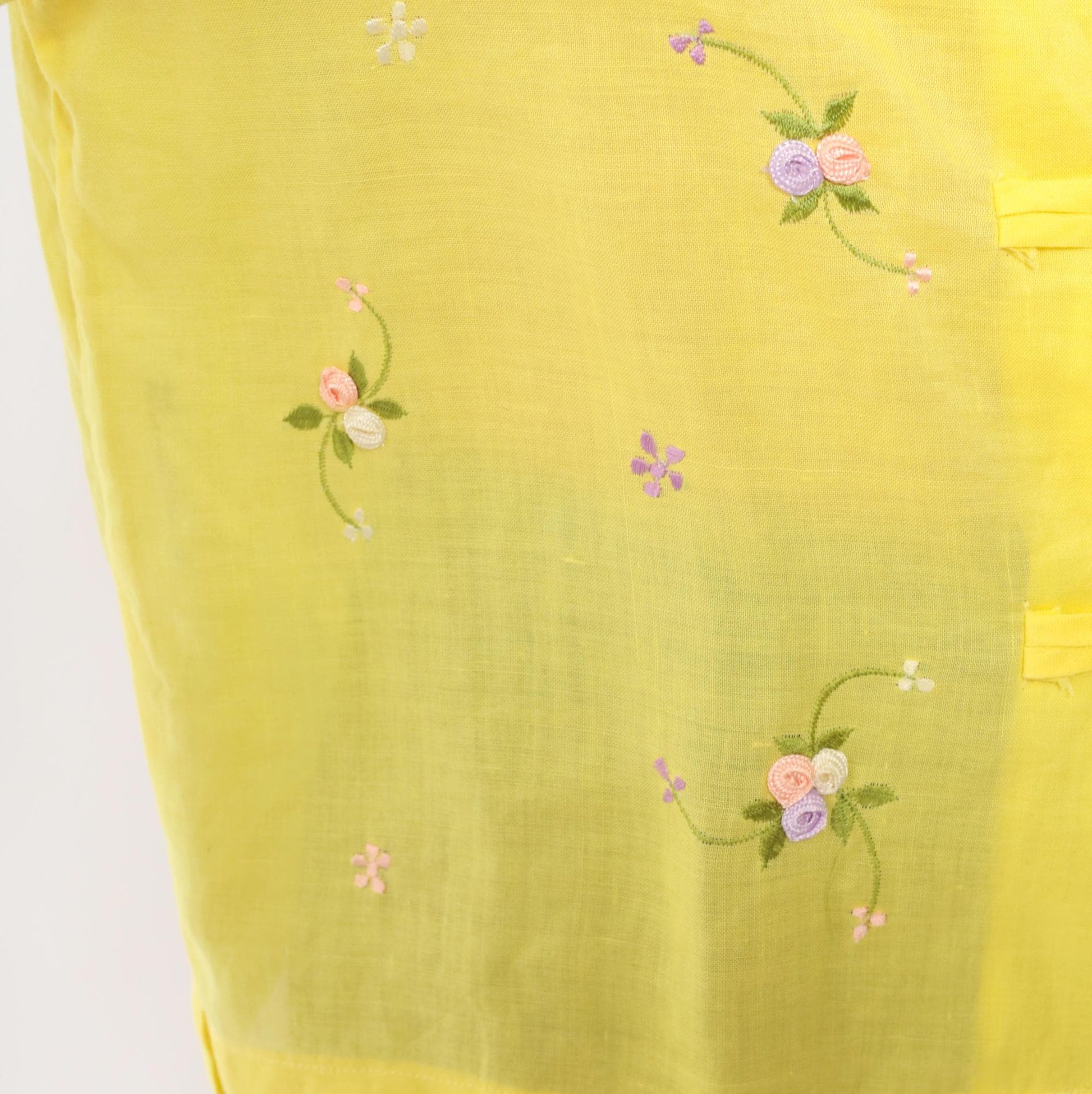 80s Yellow Embroidered Floral Mandarin Collar Blouse Cotton Three Quarter Sleeve Medium